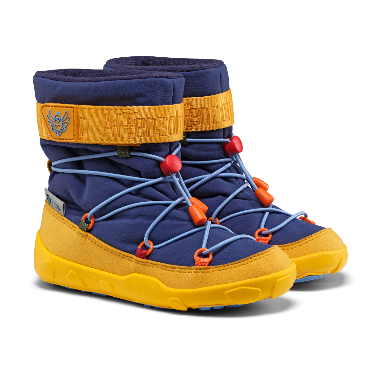 Affenzahn Snow Boot Vegan Snowy Toucan til børn i mørkeblå med gule såler og detaljer, justerbare lyseblå snørebånd med røde og orange låse, og et gult mærkebånd med logo.