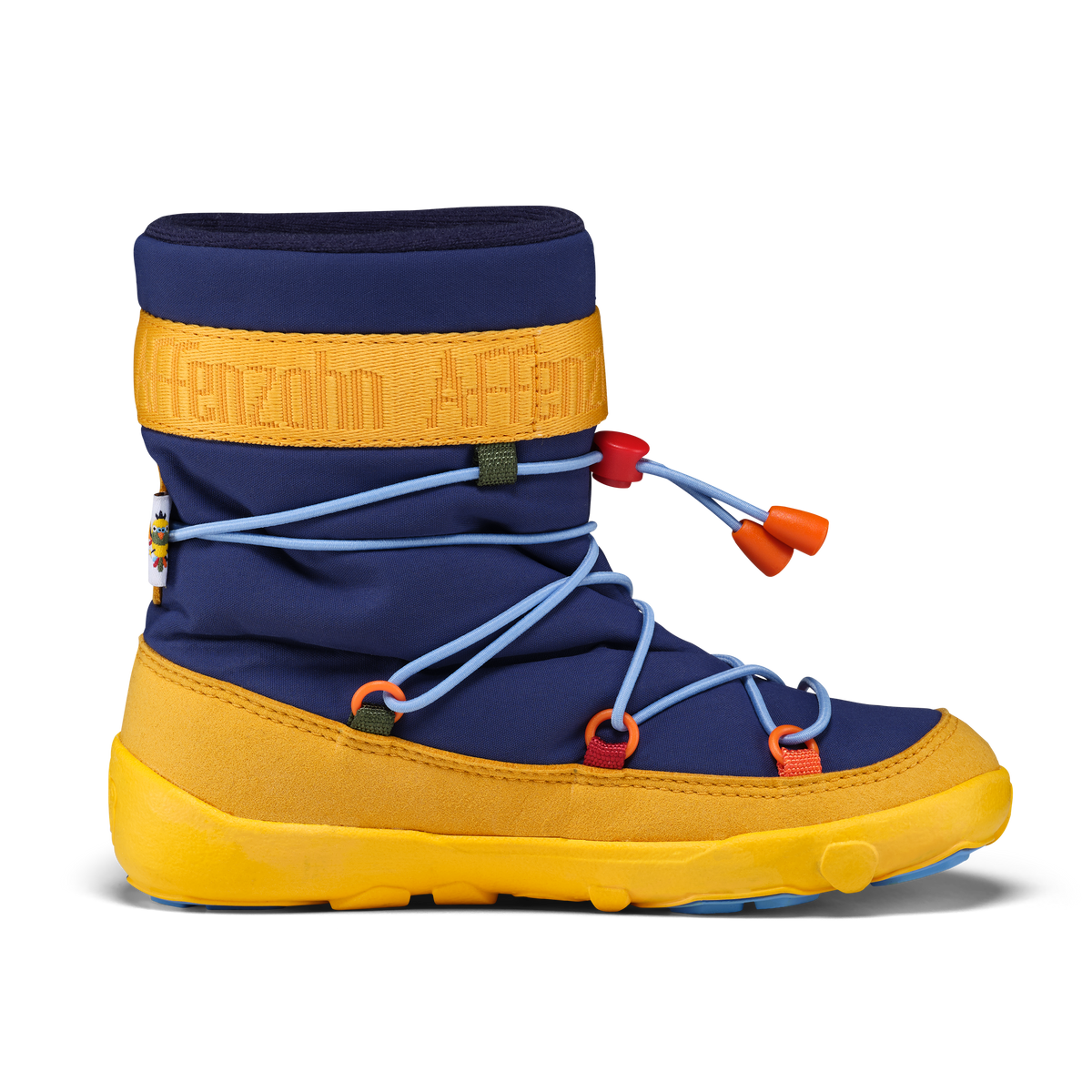 Affenzahn Snow Boot Vegan Snowy variant Toucan for kids, featuring deep blue textile, yellow sole, and adjustable blue laces with orange toggles. Unisex design with colorful accents.