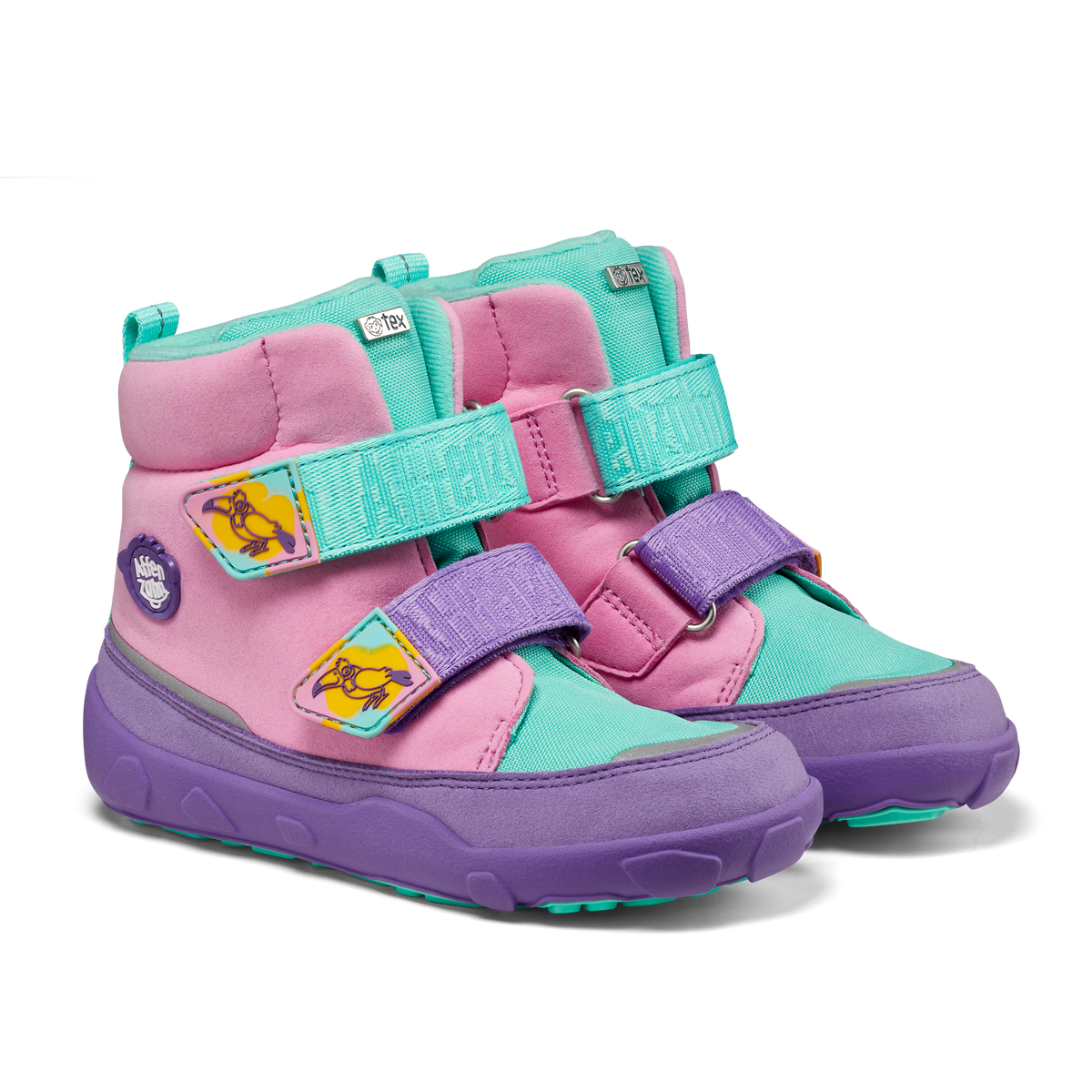 Affenzahn Winter Boot Vegan Comfy, Creative Toucan variant, for kids. Features pink, turquoise, and purple colors with toucan design on velcro straps. Unisex vegan winter boots.