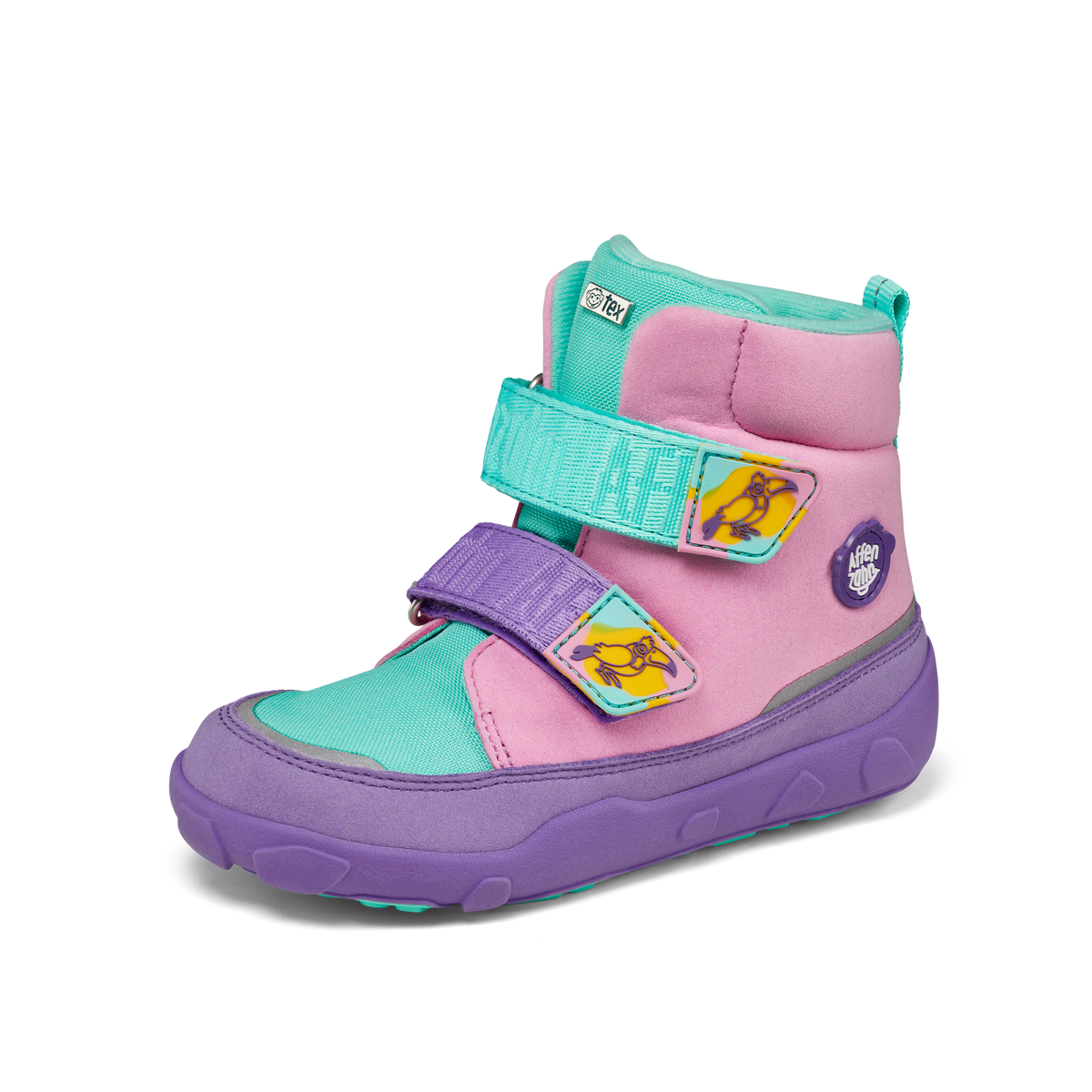Affenzahn Winter Boot Vegan Comfy til børn, variant Creative Toucan, i pastelrosa og turkis med lilla detaljer og justerbare Velcro-stropper med tukanillustrationer.