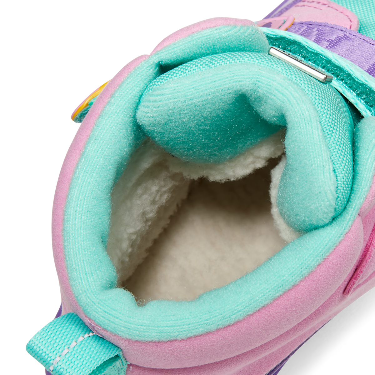 Affenzahn Winter Boot Vegan Comfy i varianten Creative Toucan i nærbillede. Viser pastel turkis og pink polstring med blød indvendig foring. Perfekt til kolde dage.