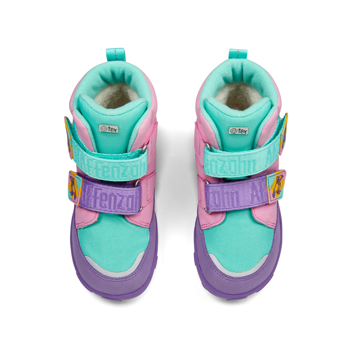 Affenzahn Winter Boot Vegan Comfy i varianten Creative Toucan. Farverige børne vinterstøvler med turkis, pink og lilla nuancer, to velcrostropper og varmt for.