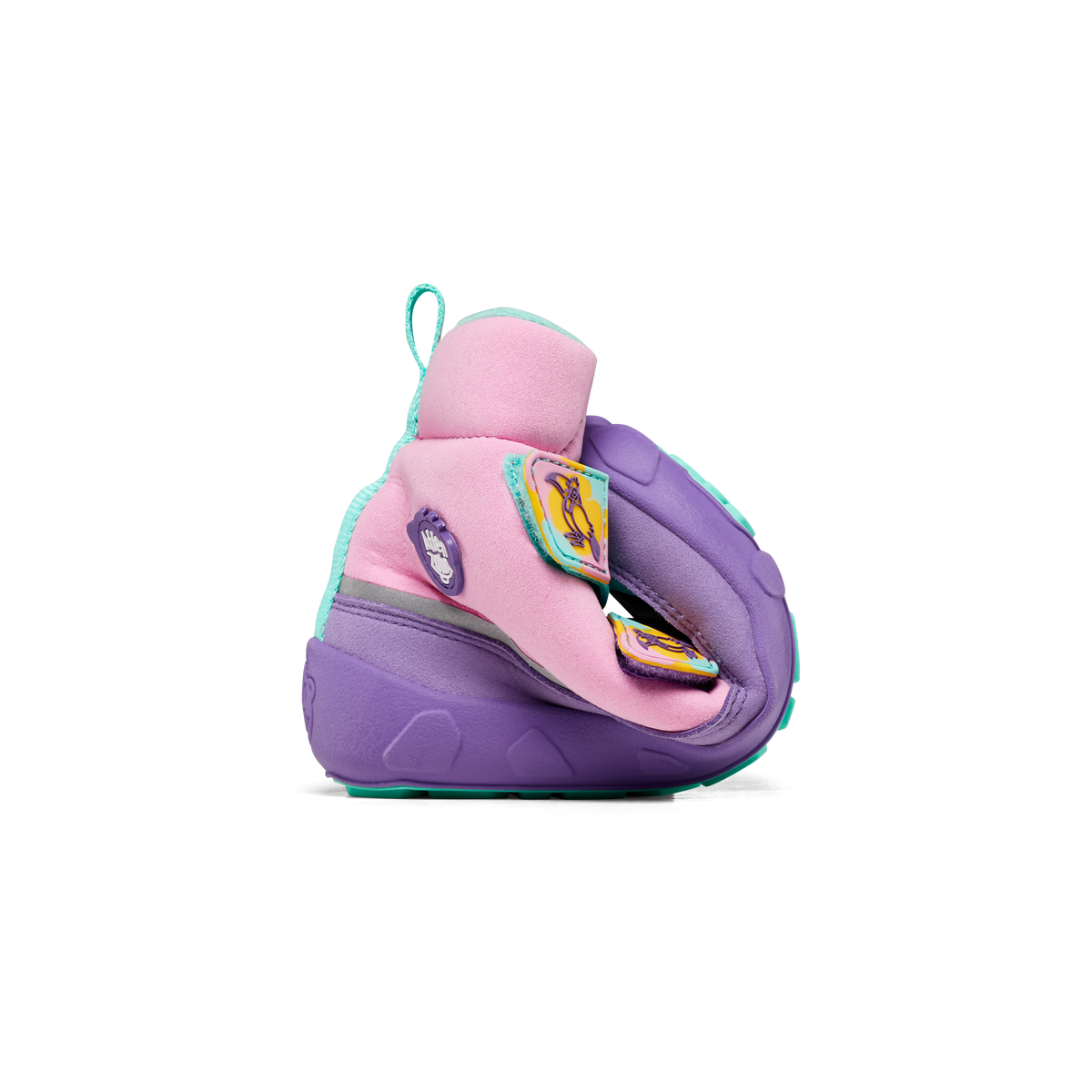 Affenzahn Winter Boot Vegan Comfy, Creative Toucan variant, in pink and purple with teal trim, shown rolled to display flexibility for kids. Soft material and playful toucan design.