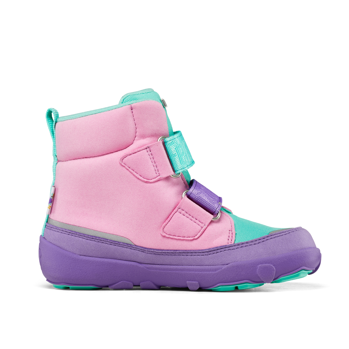 Affenzahn Winter Boot Vegan Comfy, Creative Toucan til børn, i lyserød, turkis og lilla med to velcrolukninger, slidstærk sål og blødt design til vinterbrug.