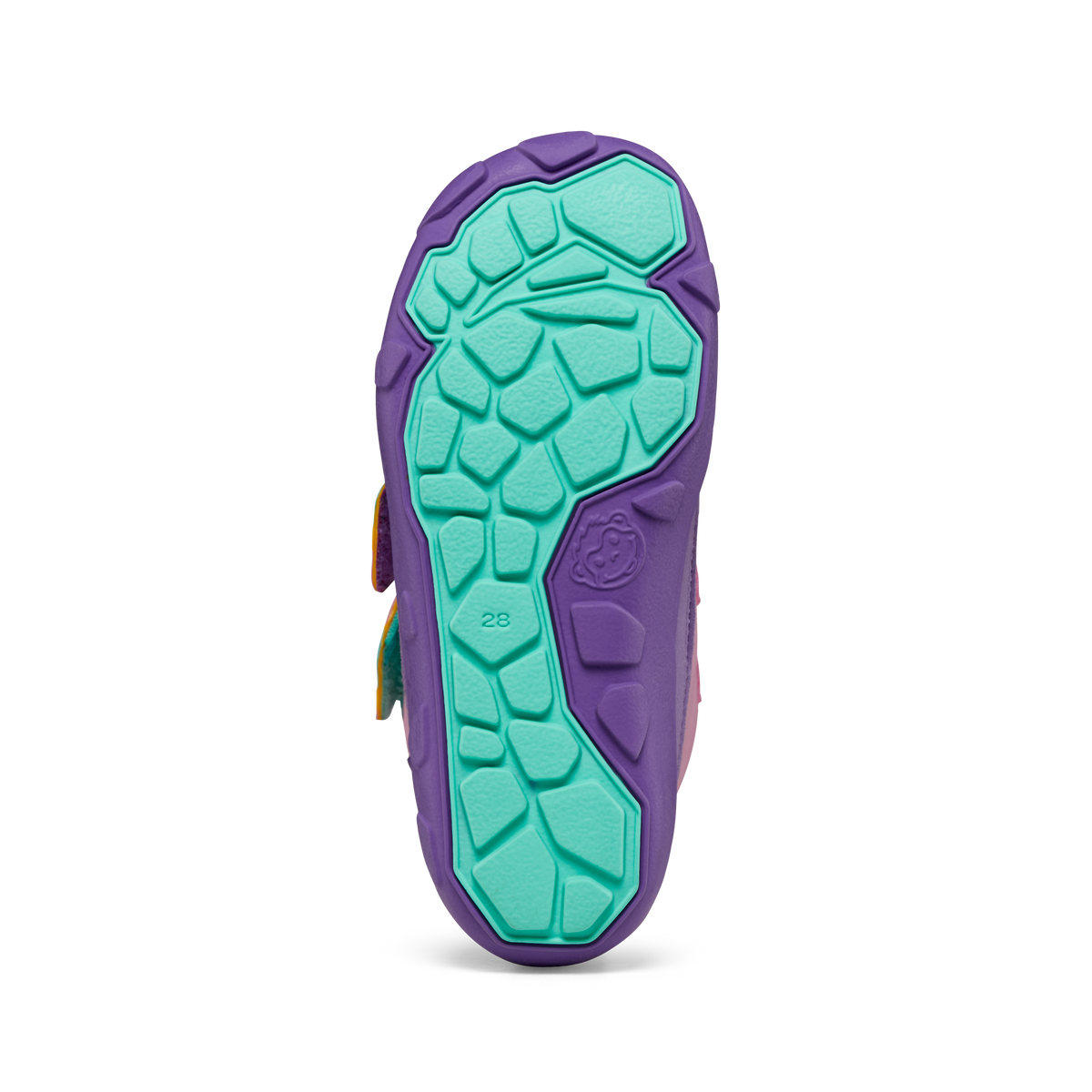 Solid vinterstøvlesål fra Affenzahn Winter Boot Vegan Comfy i varianten Creative Toucan. Dybt mønster i turkis og lilla farver for godt greb, størrelse 28 angivet.