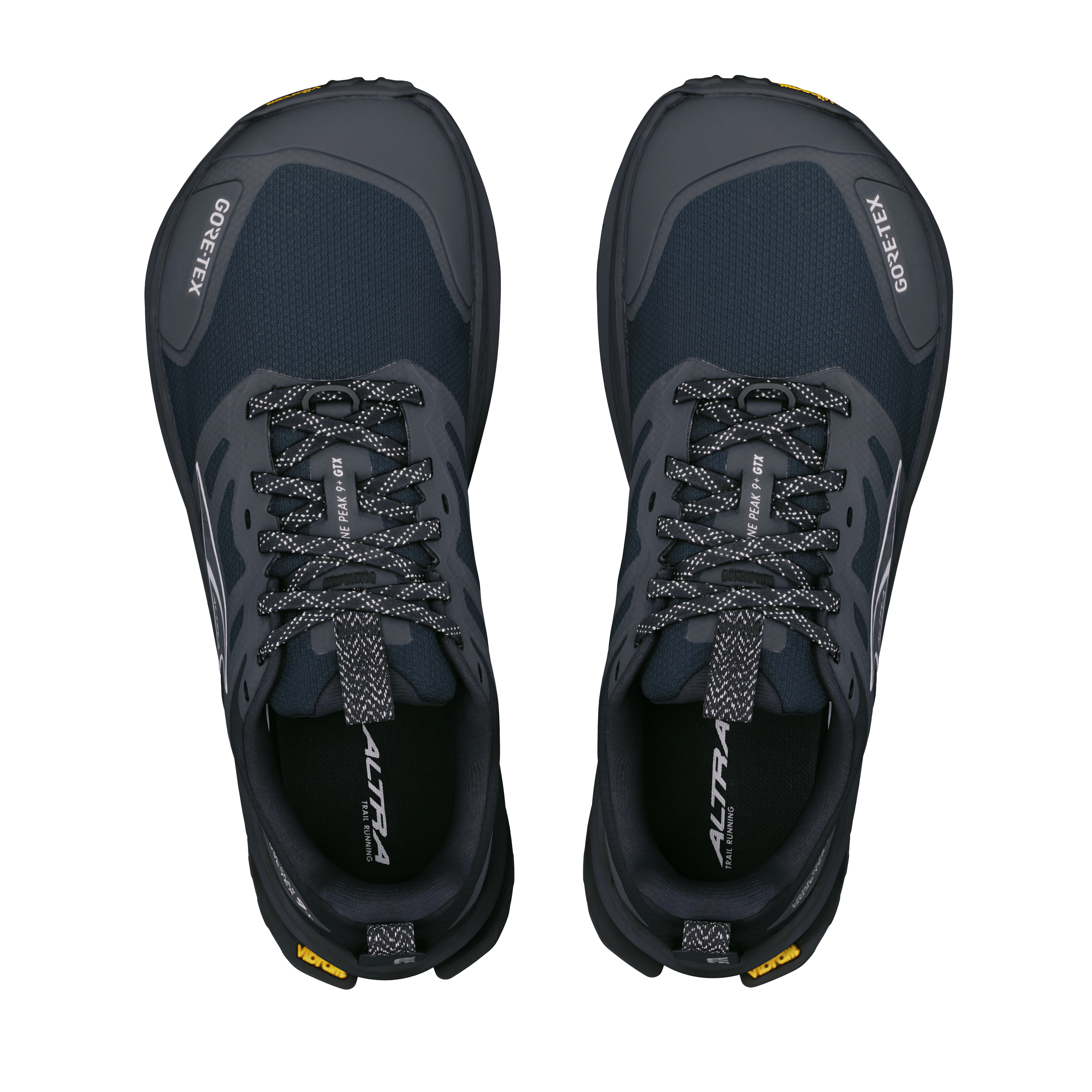 Par Altra Lone Peak 9+ GTX vandresko til damer i Black/Black set ovenfra