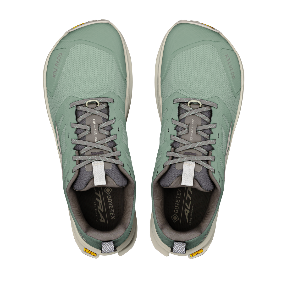 Par Altra Lone Peak 9+ GTX vandresko til herrer i Sea Spray/Island Fossil set ovenfra