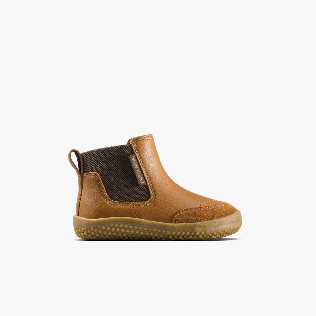Vivobarefoot Gobi Chelsea Toddlers i Acorn: lysebrun barfodsstøvle i læder til børn, set fra ydersiden