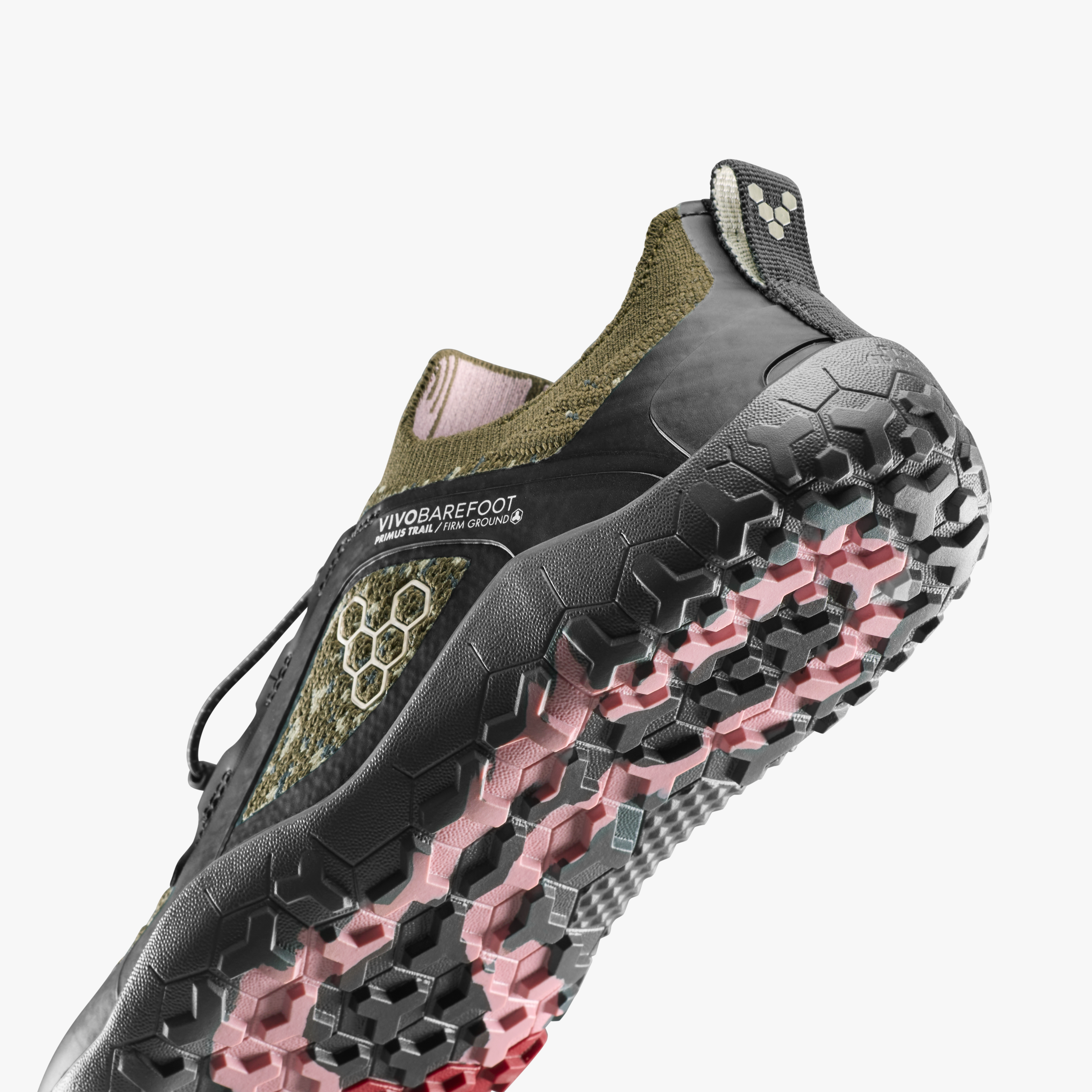 Vivobarefoot Primus Trail Knit FG Grounding Mens barfodssko til mænd i farven dark olive, nærbillede