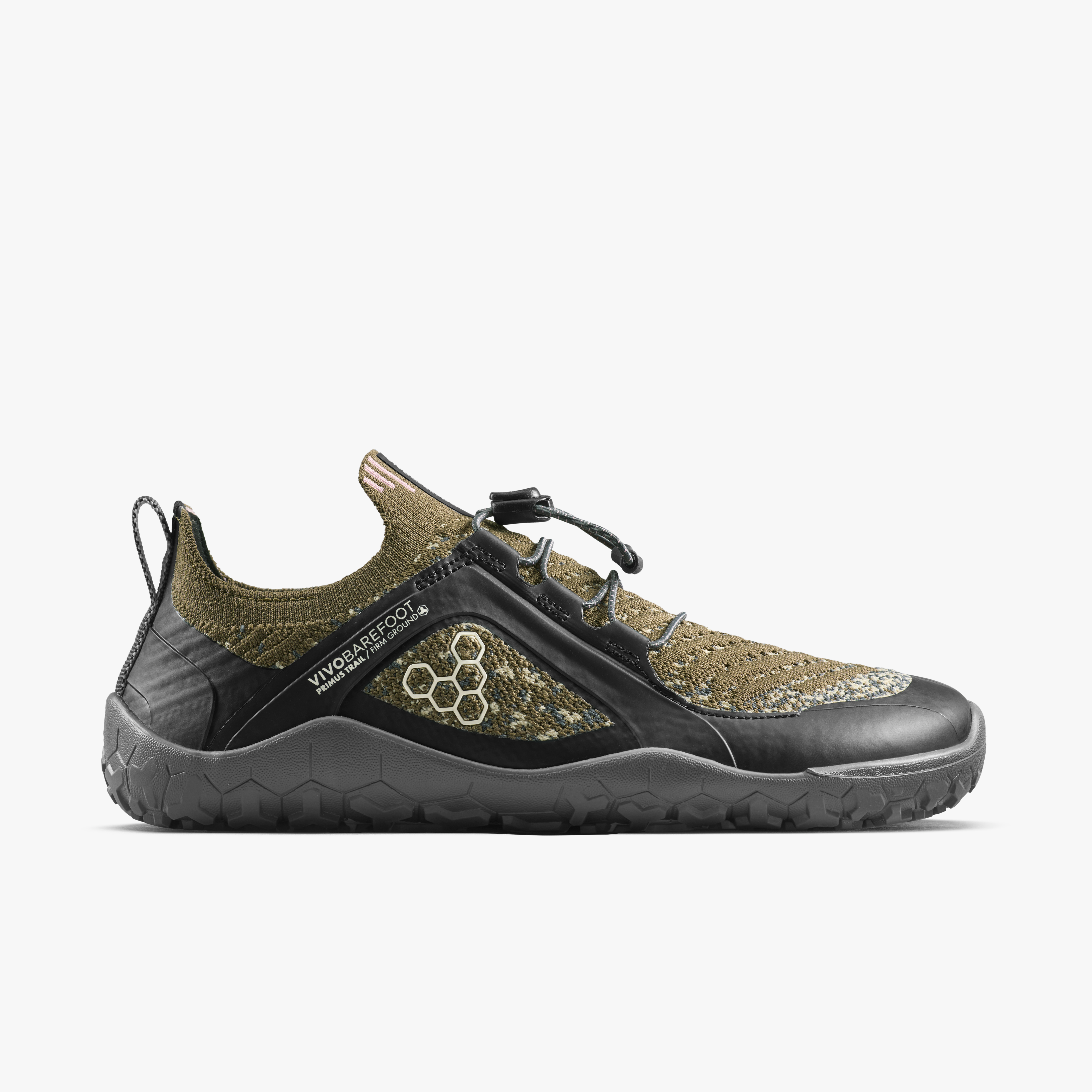 Vivobarefoot Primus Trail Knit FG Grounding Mens barfodssko til mænd i farven dark olive, yderside