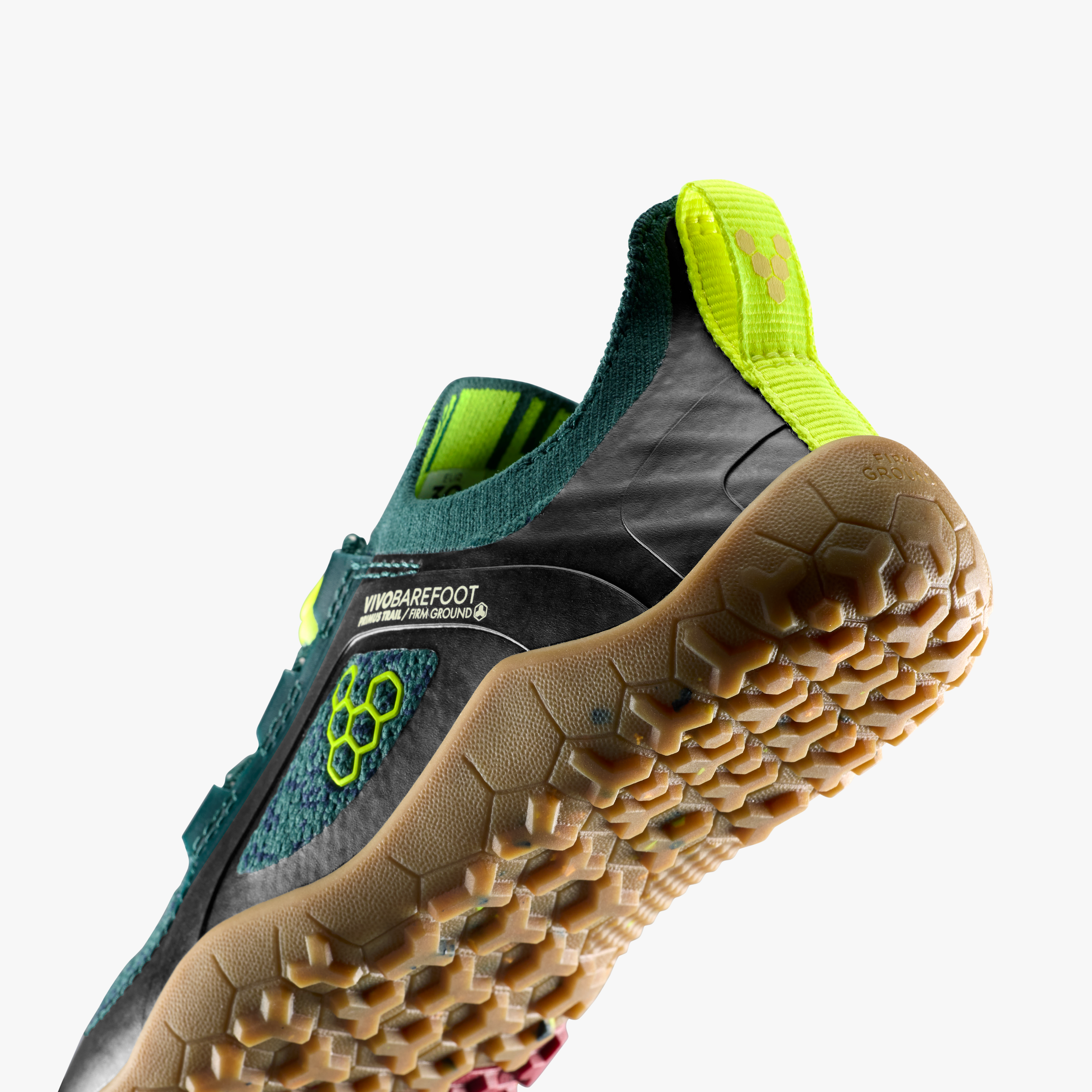 Vivobarefoot Primus Trail Knit FG Kids barfodssko til børn i farven shadow fern/ lemon zest, nærbillede