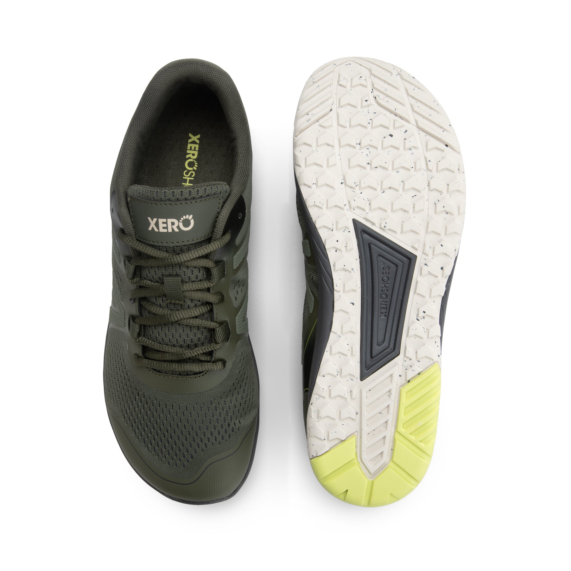 Xero Shoes HFS II barfodssko til herre i farven Army Green, set ovenfra og fra sålen