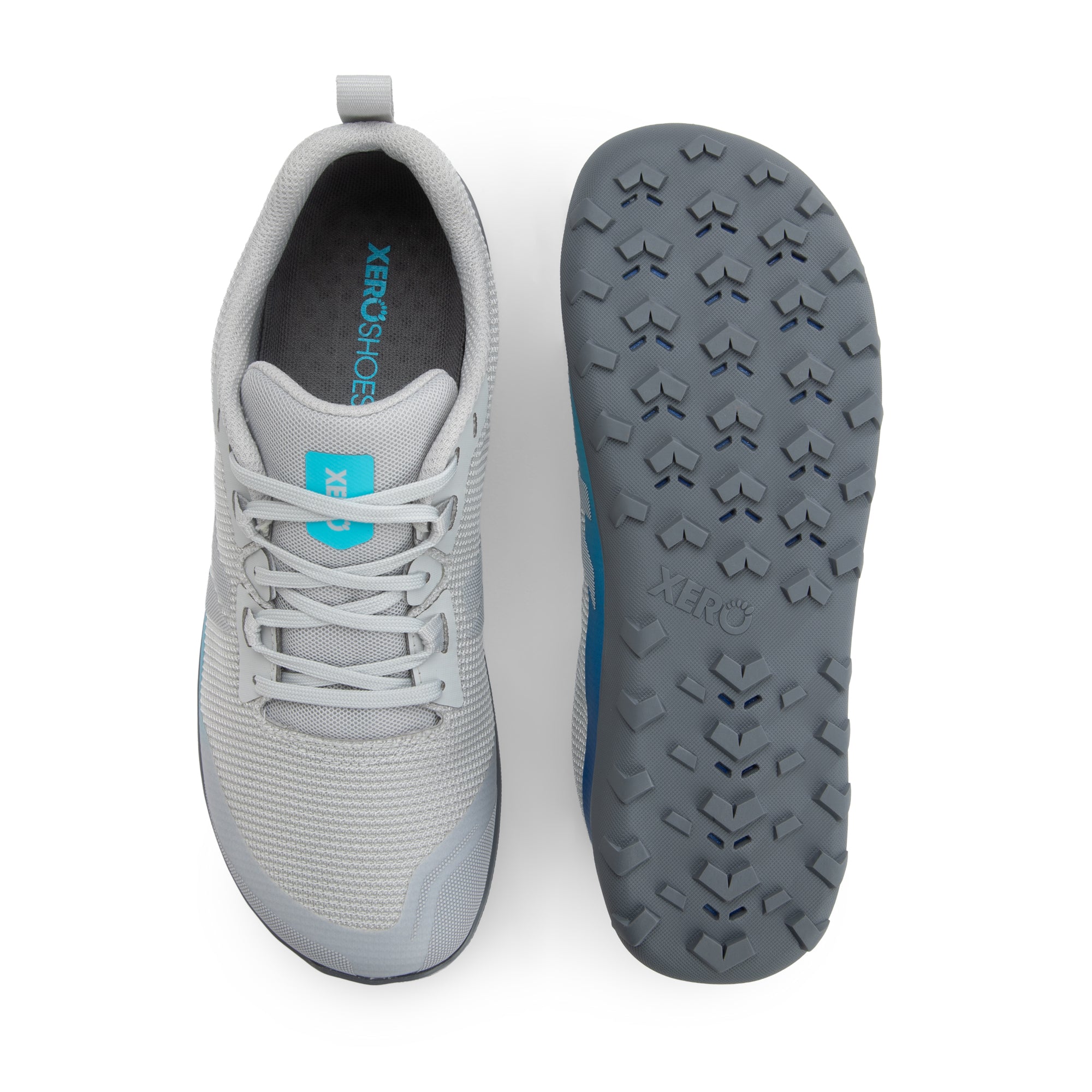 Xero Shoes Mesa Summit barfodssko til dame i farven Lunar / Xero Blue, set ovenfra og fra sålen