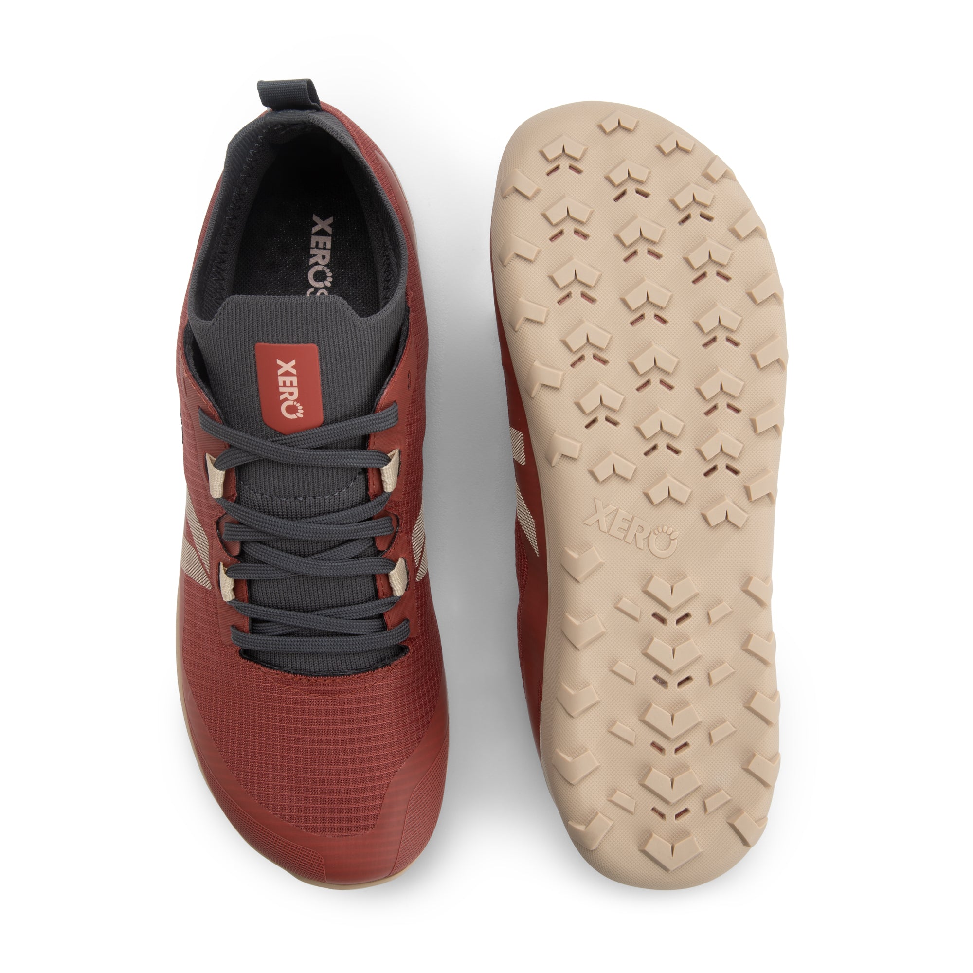Xero Shoes Mesa Summit WP barfodssko til dame i farven Burnt Brick, set ovenfra og fra sålen
