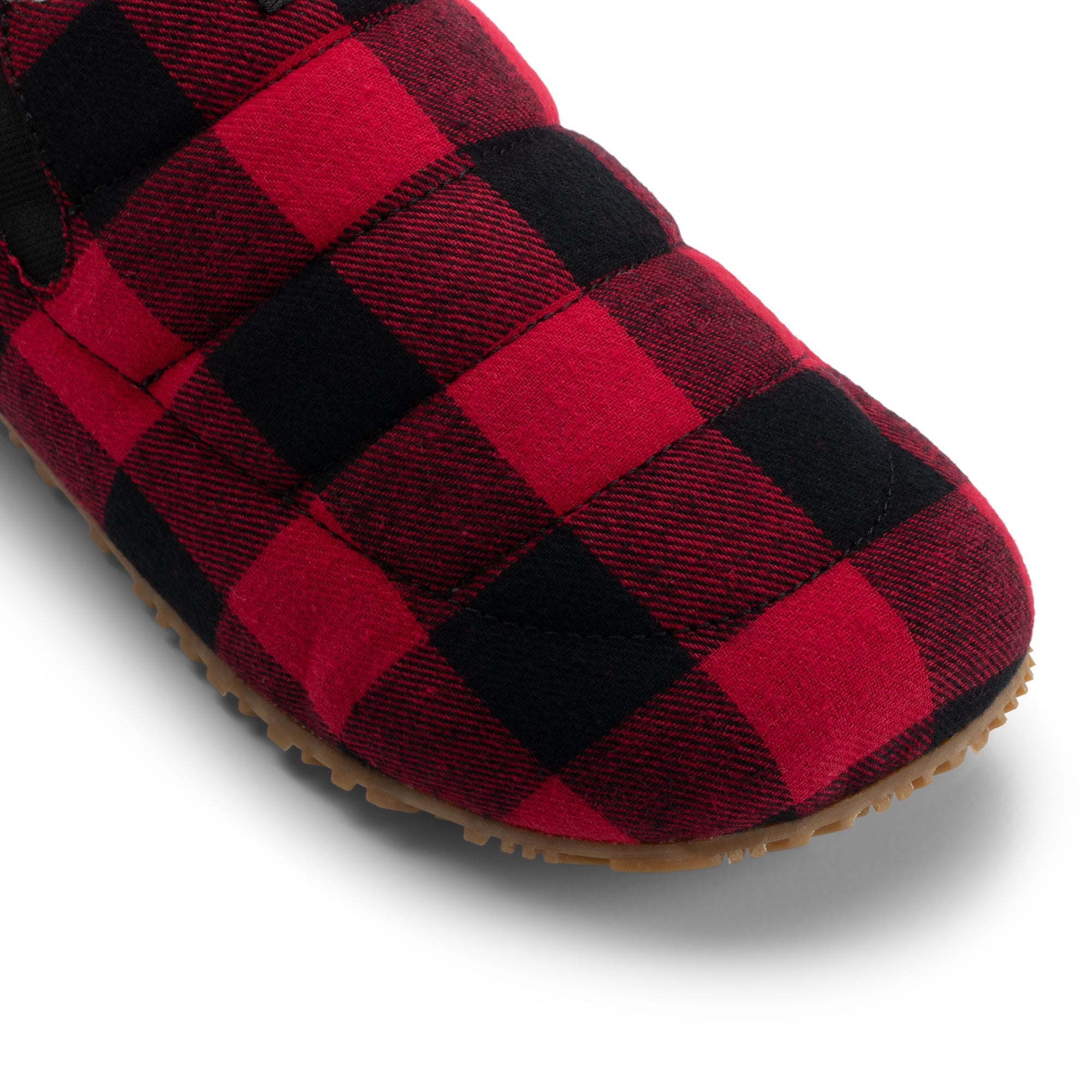 Xero Shoes Pagosa Cozy hjemmesko til herre i farven Buffalo Plaid, detalje af tåkassen