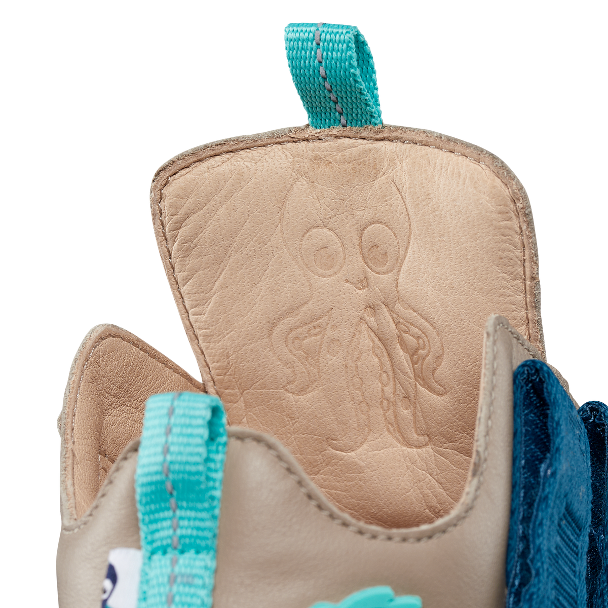 Affenzahn Leather Buddy barfods overgangssko til børn i farven octopus, detalje