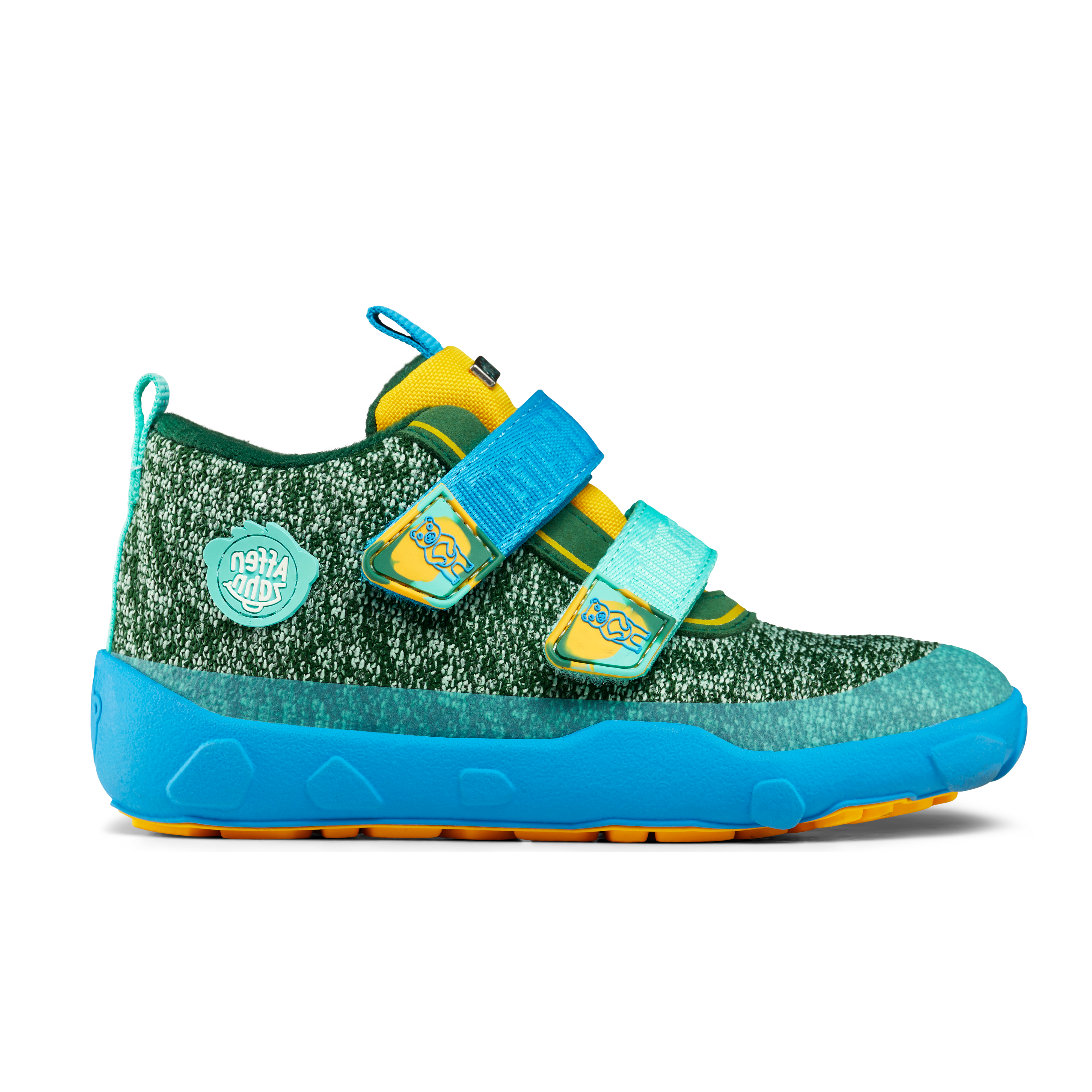 Affenzahn Lowboot Knit Happy Creative Bear børnestøvle med grøn strik, blå og teal detaljer, to velcro remme med bjørnegrafik og lys teal sål.