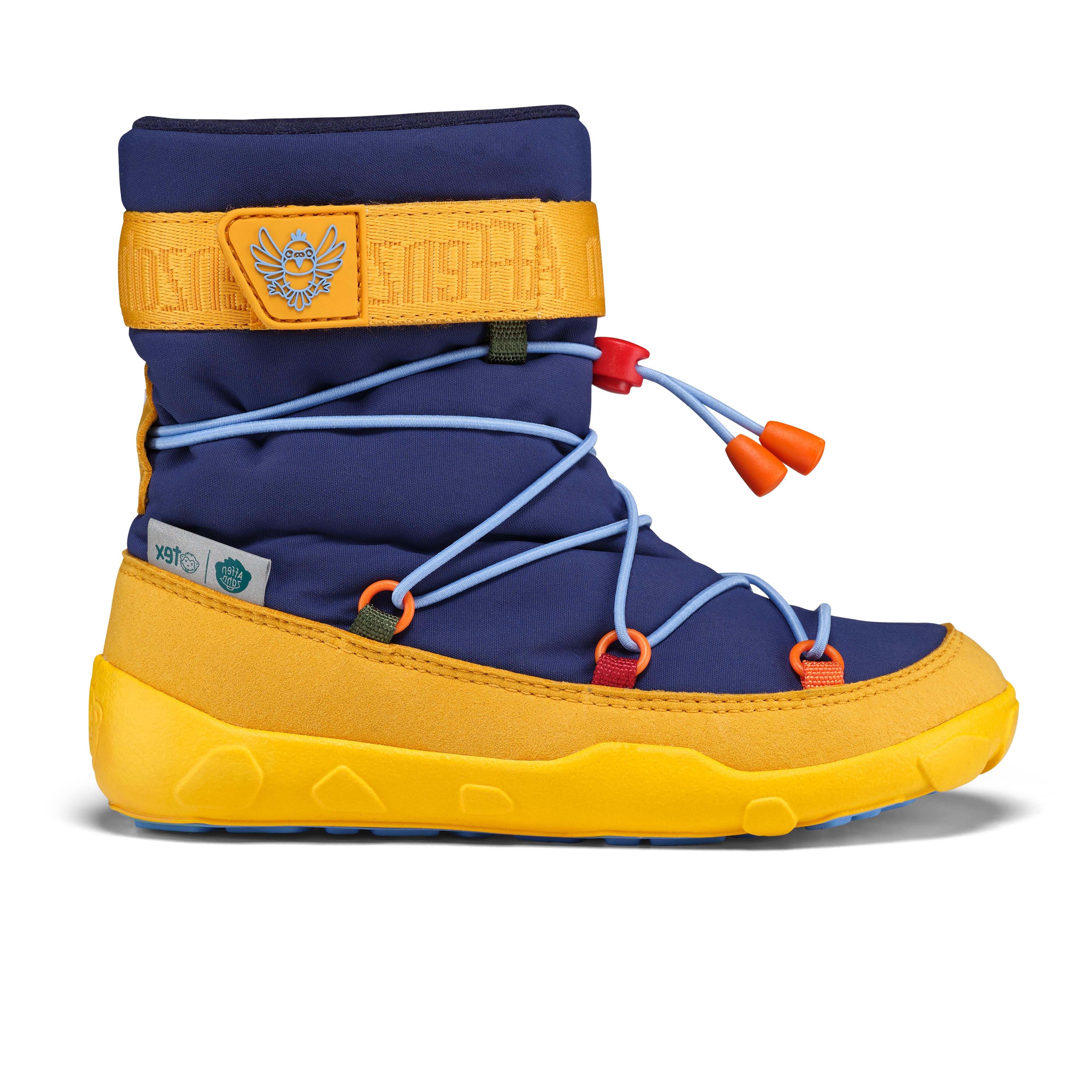 Affenzahn Snow Boot Vegan Snowy, Toucan variant for kids, with navy blue and yellow colors, orange toggles, eco-friendly materials, viewed from side outside.