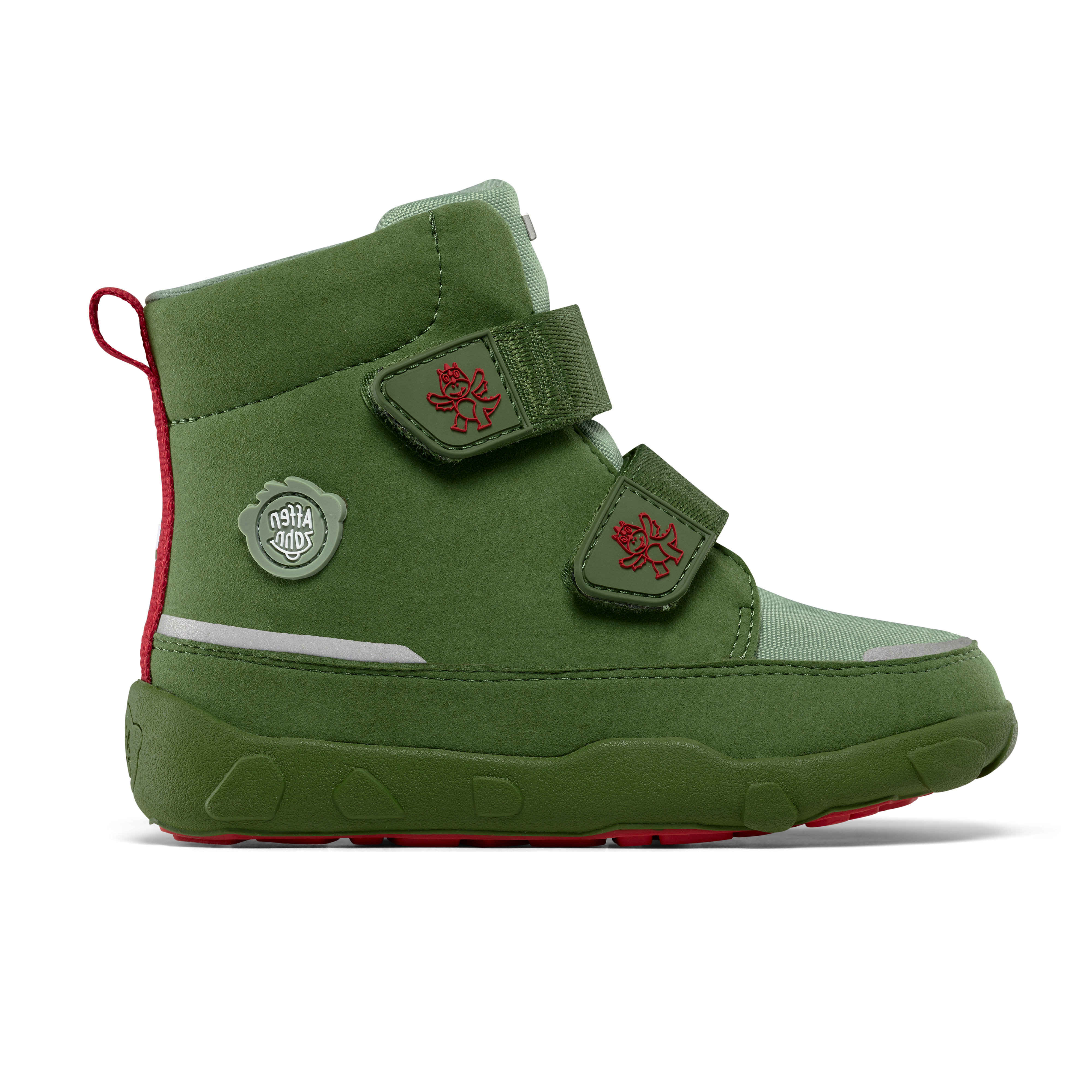 Affenzahn Winter Boot Vegan Comfy Dragon variant for kids, green with red dragon Velcro straps, side view. Featuring red pull tab and logo badge.