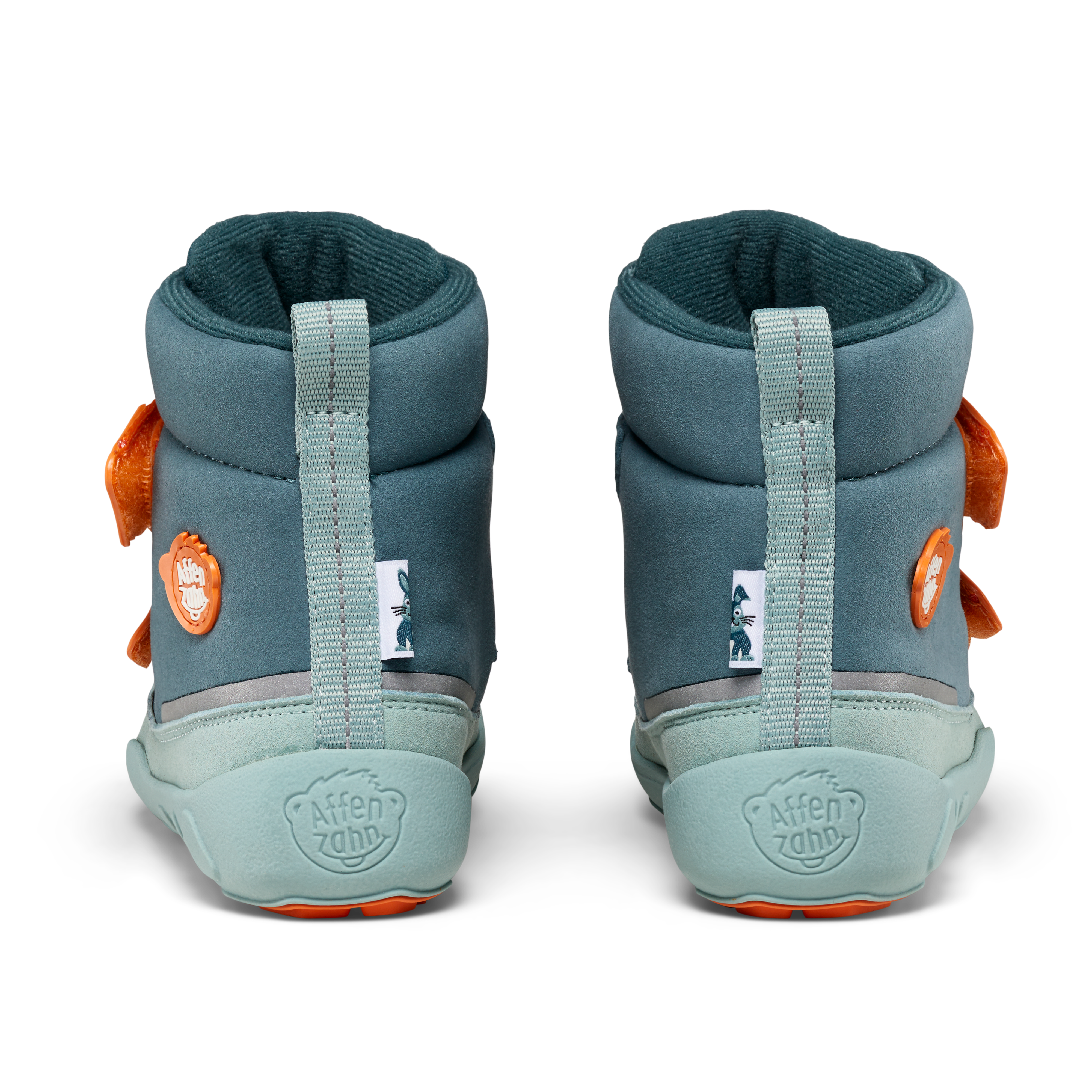 Affenzahn Winter Boot Vegan Comfy Rabbit til børn, unisex. Set bagfra, i teal med orange detaljer og mintgrøn sål. Stærk pull tab og polstret indre for comfort i vinteren.