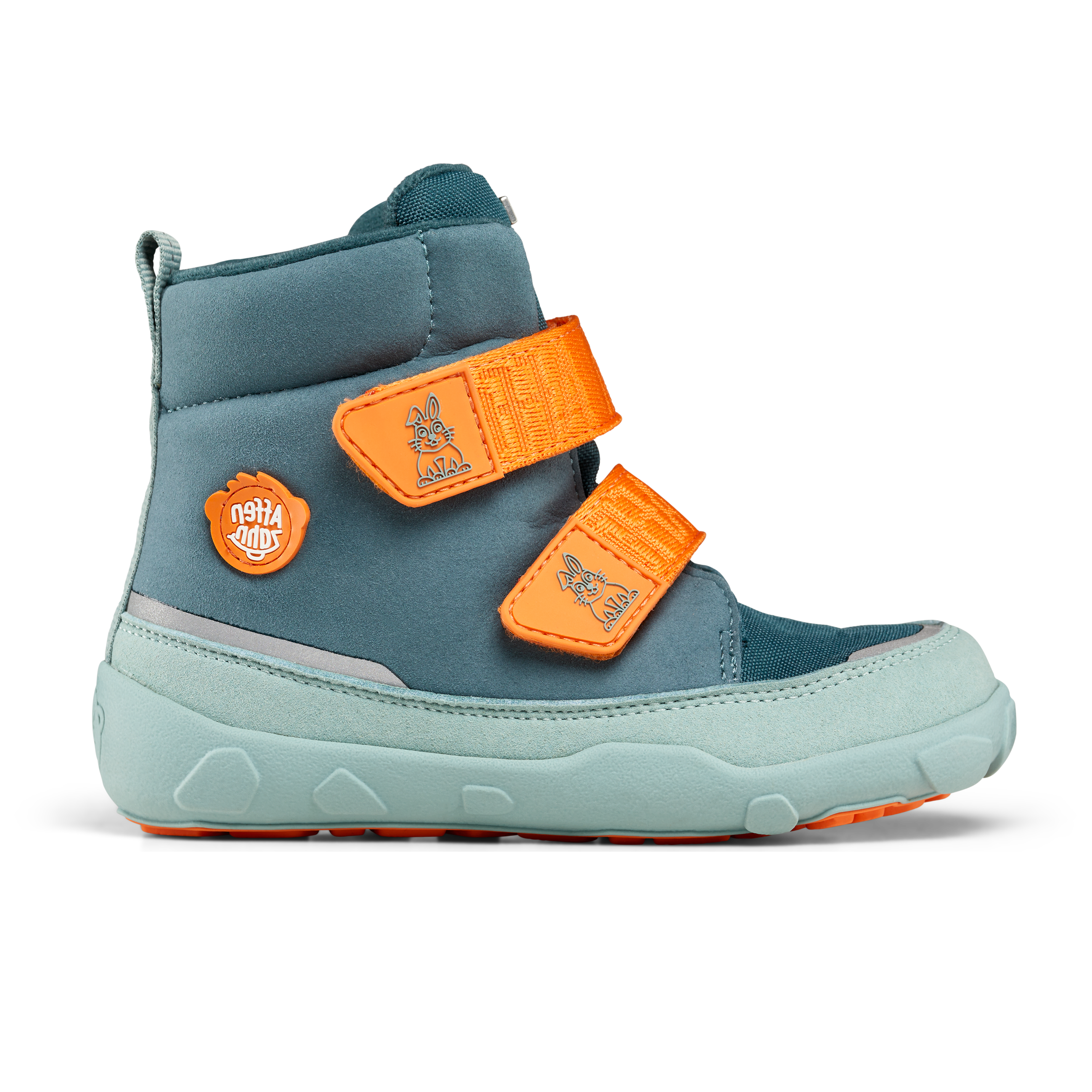 Affenzahn Winter Boot Vegan Comfy Rabbit til børn, set fra ydersiden. Støvle i teal med orange velcrostropper og kanindesign, lys blå sål.