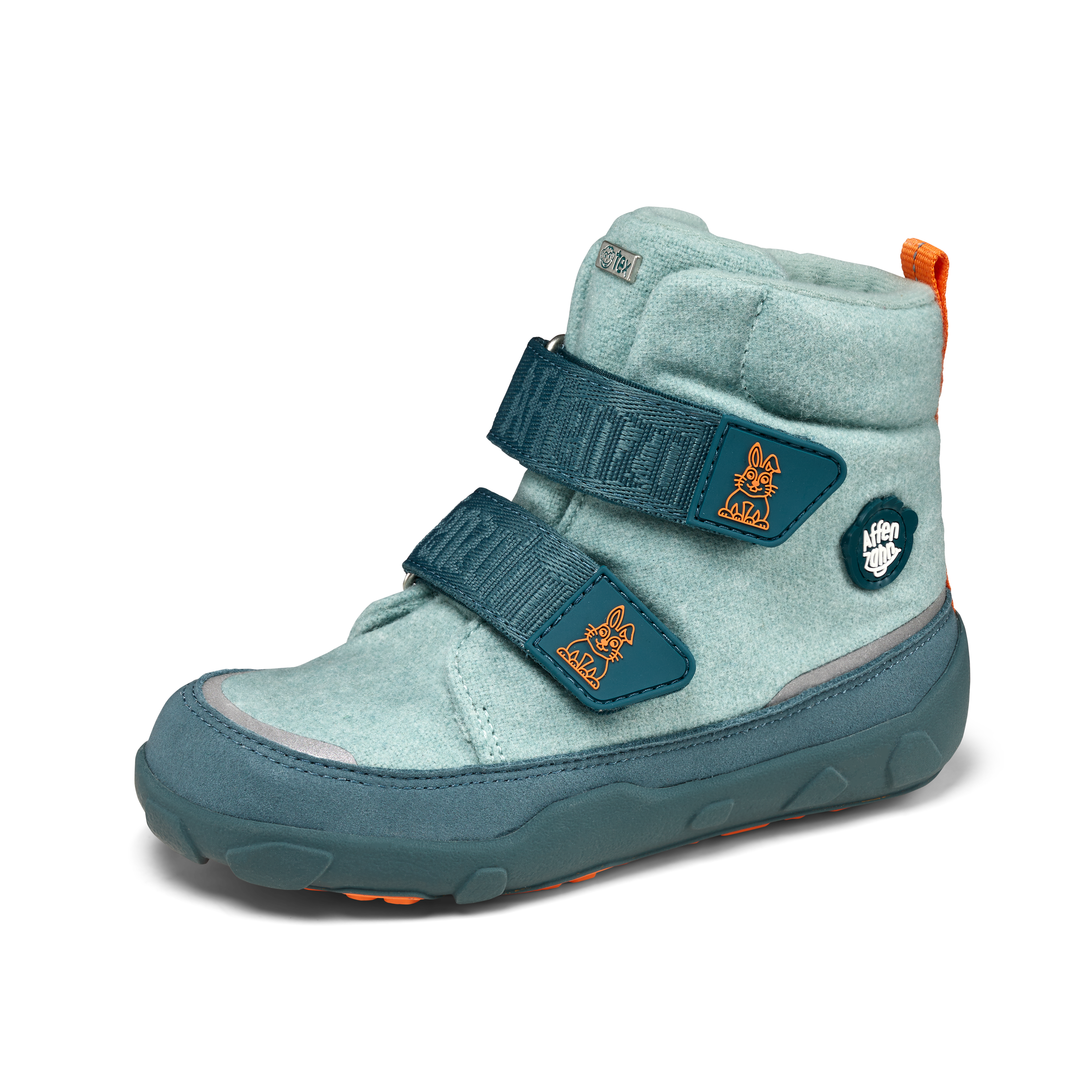 Affenzahn Winter Boot Wool Comfy Rabbit variant, holds a light blue woolen design with dark teal Velcro straps decorated with rabbit motifs. Features an orange heel tab and teal sole.