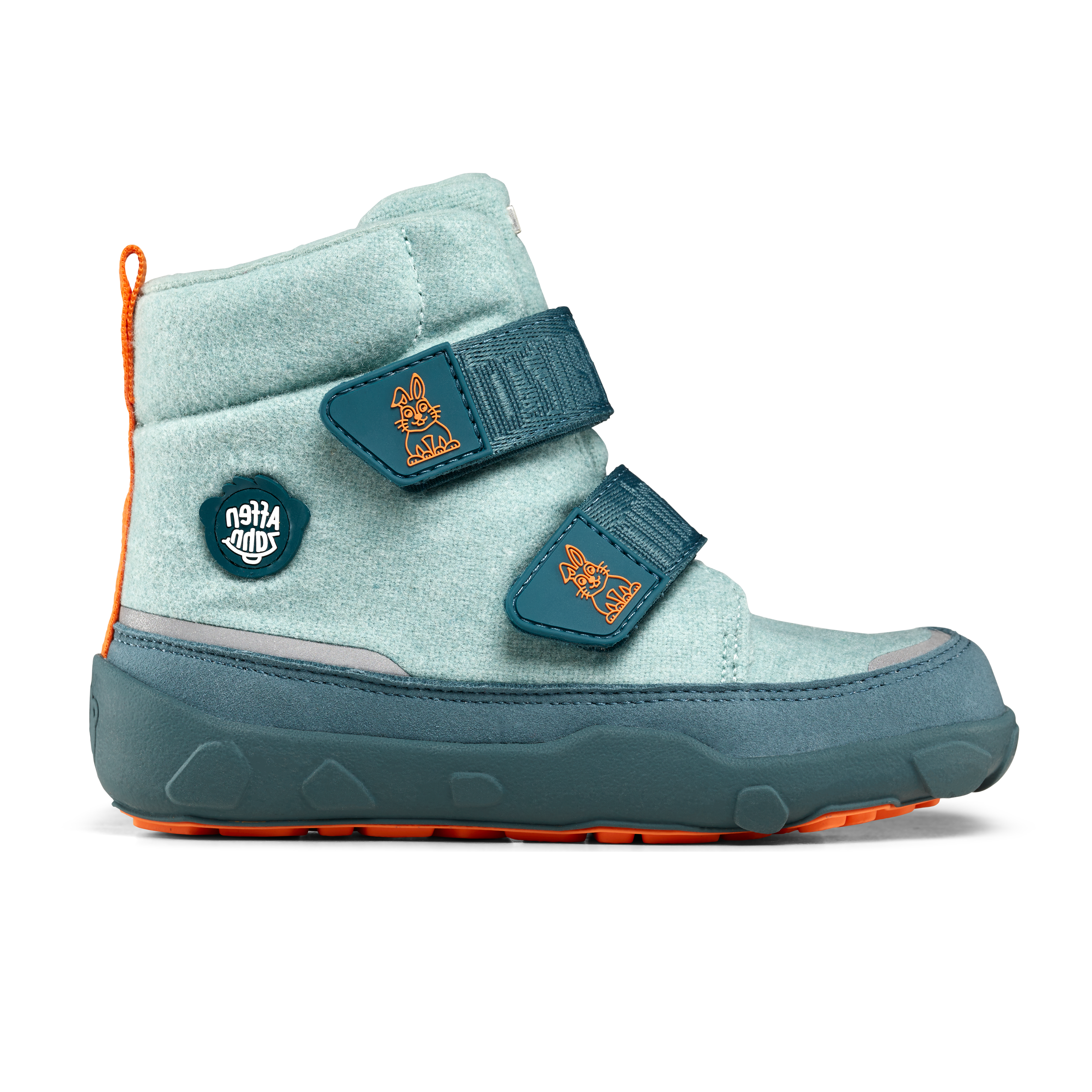 Affenzahn Winter Boot Wool Comfy Rabbit-variant til børn, lyseblå med mørkeblå stropper og orange detaljemønstre. Udendørs sidevisning med robust sål og logo.