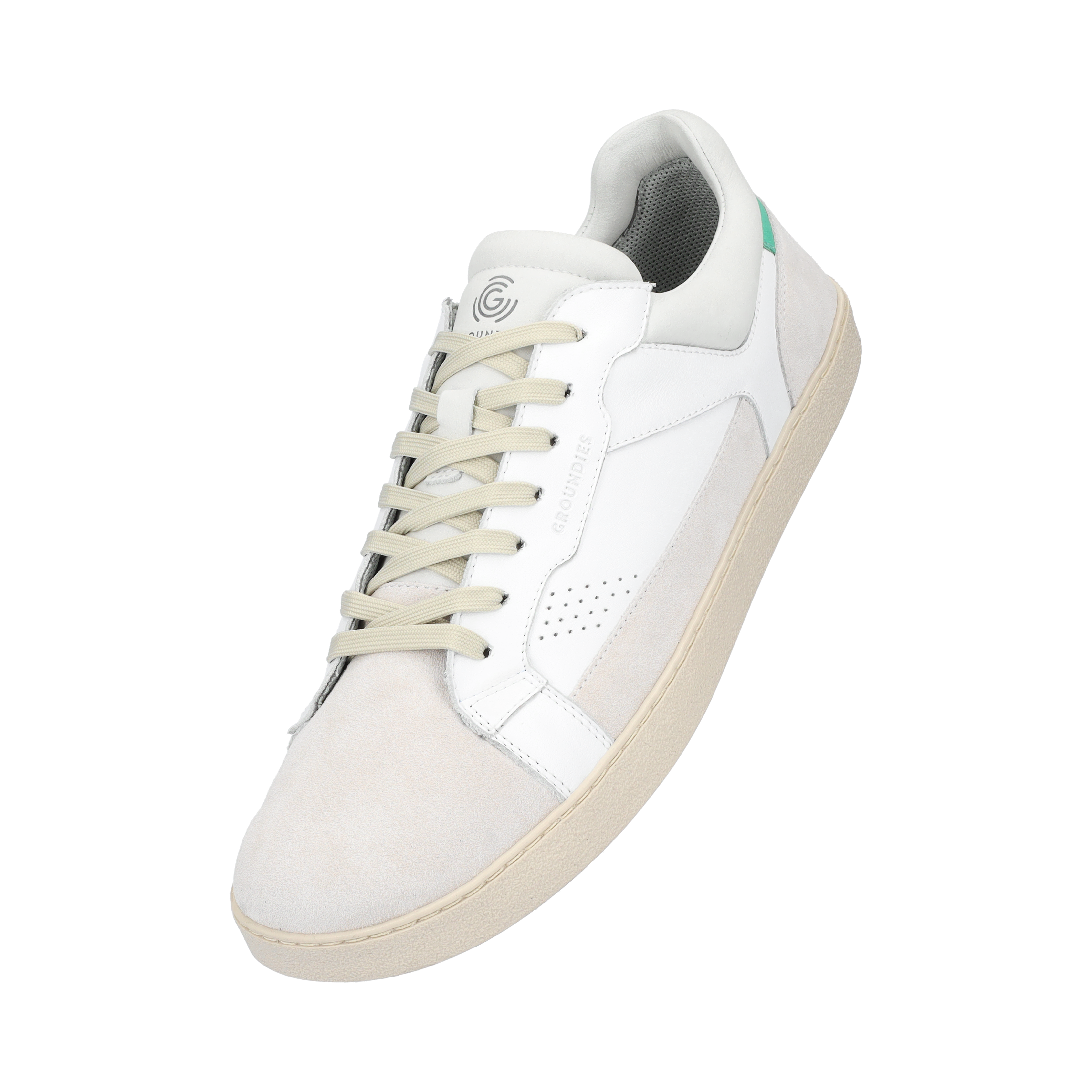 Groundies Court Men barfods sneakers til mænd i farven white / green, vinklet