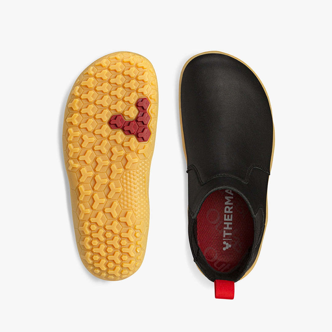 Vivobarefoot Fulham III Preschool-sko til børn i Obsidian, med sort overdel og gul sål med rødt mønster. Barfodssko med minimalistisk design og rød inderside.