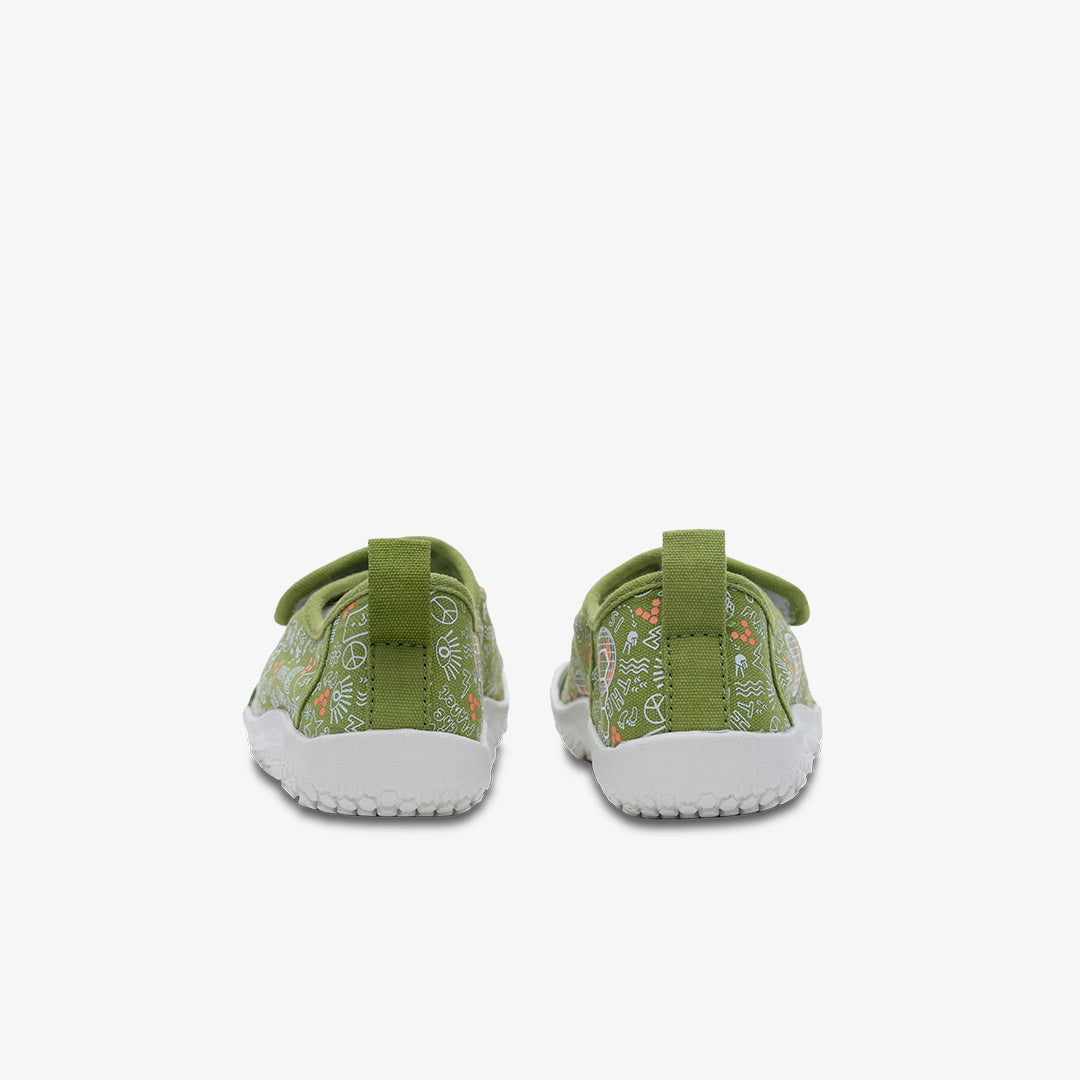 Vivobarefoot Gaia Kids barfods canvas børnesko til børn i farven jungle green, bagfra