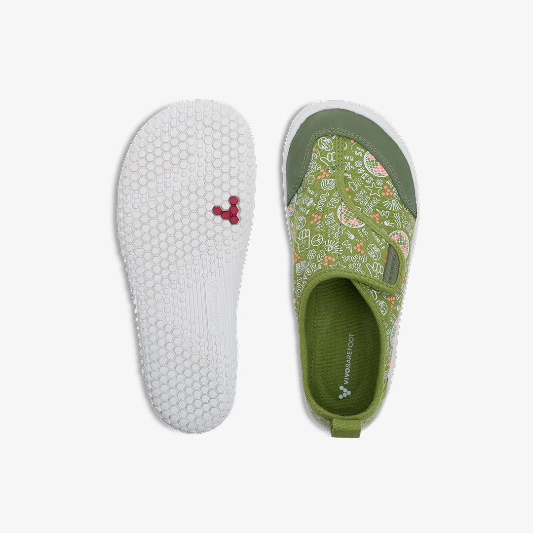 Vivobarefoot Gaia Kids barfods canvas børnesko til børn i farven jungle green, top