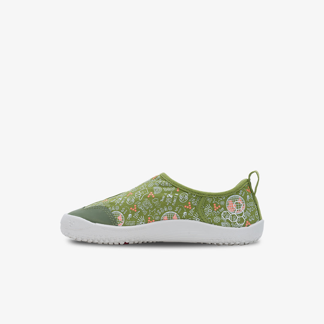 Vivobarefoot Gaia Kids barfods canvas børnesko til børn i farven jungle green, inderside