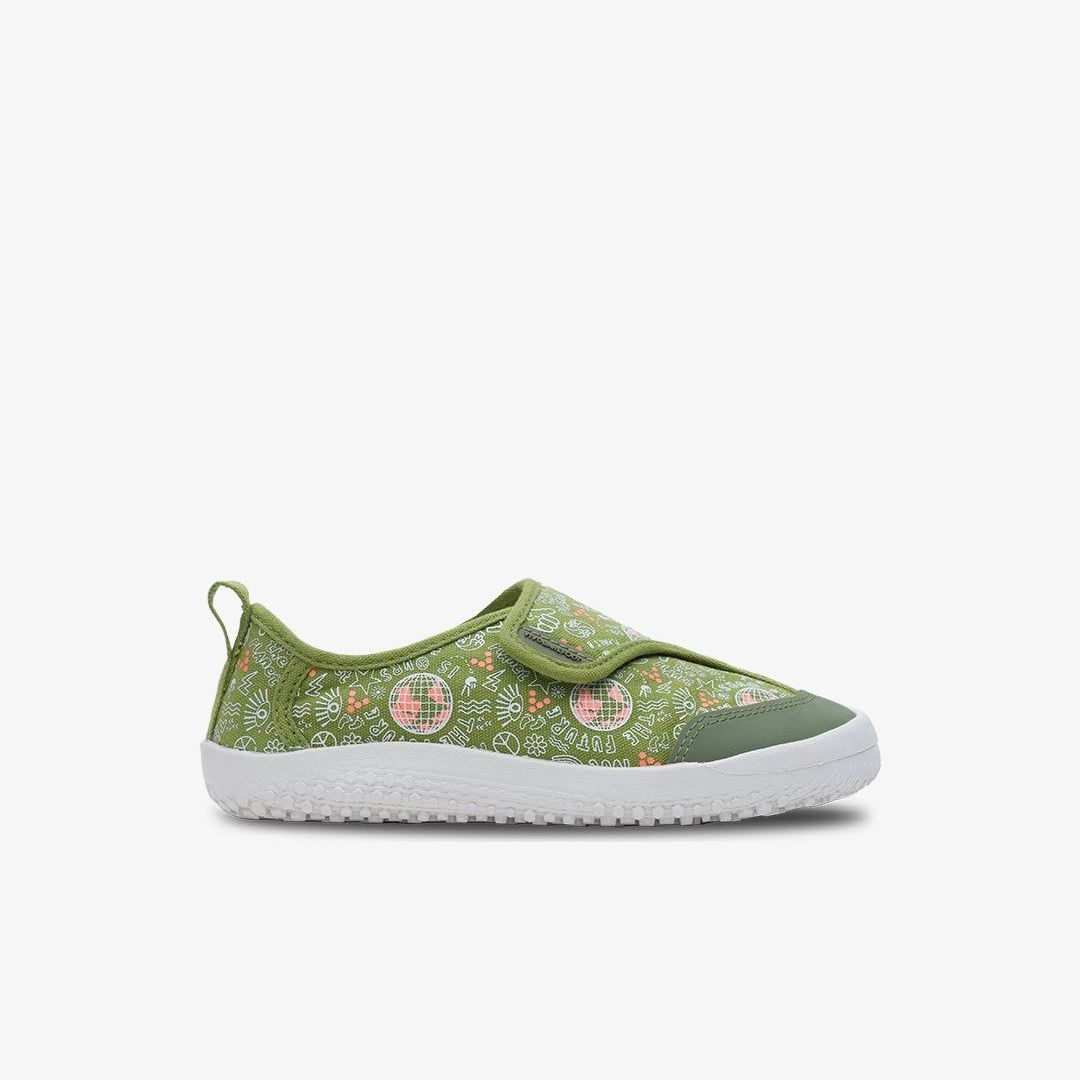 Vivobarefoot Gaia Kids barfods canvas børnesko til børn i farven jungle green, yderside