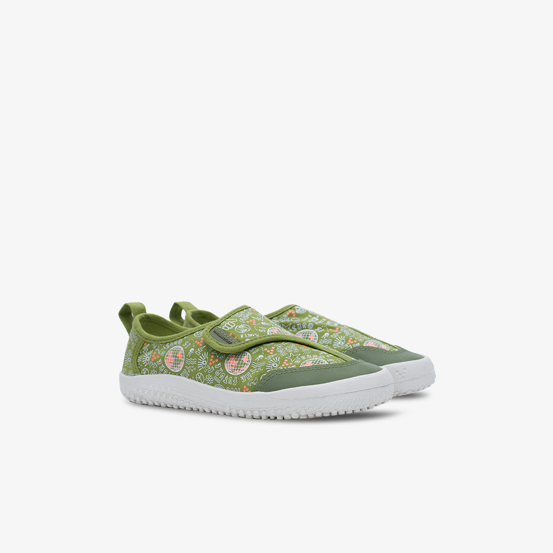 Vivobarefoot Gaia Preschool barfods kanvas børnesko til børn i farven jungle green, par