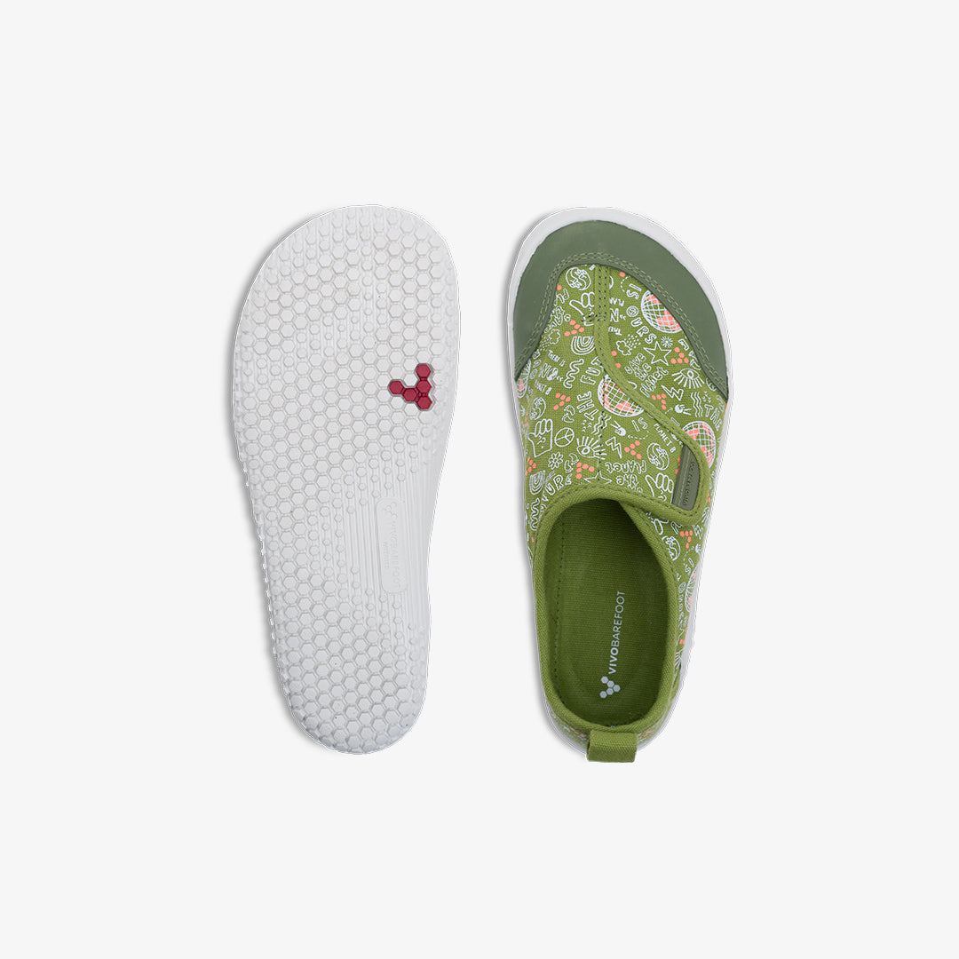 Vivobarefoot Gaia Preschool barfods kanvas børnesko til børn i farven jungle green, top