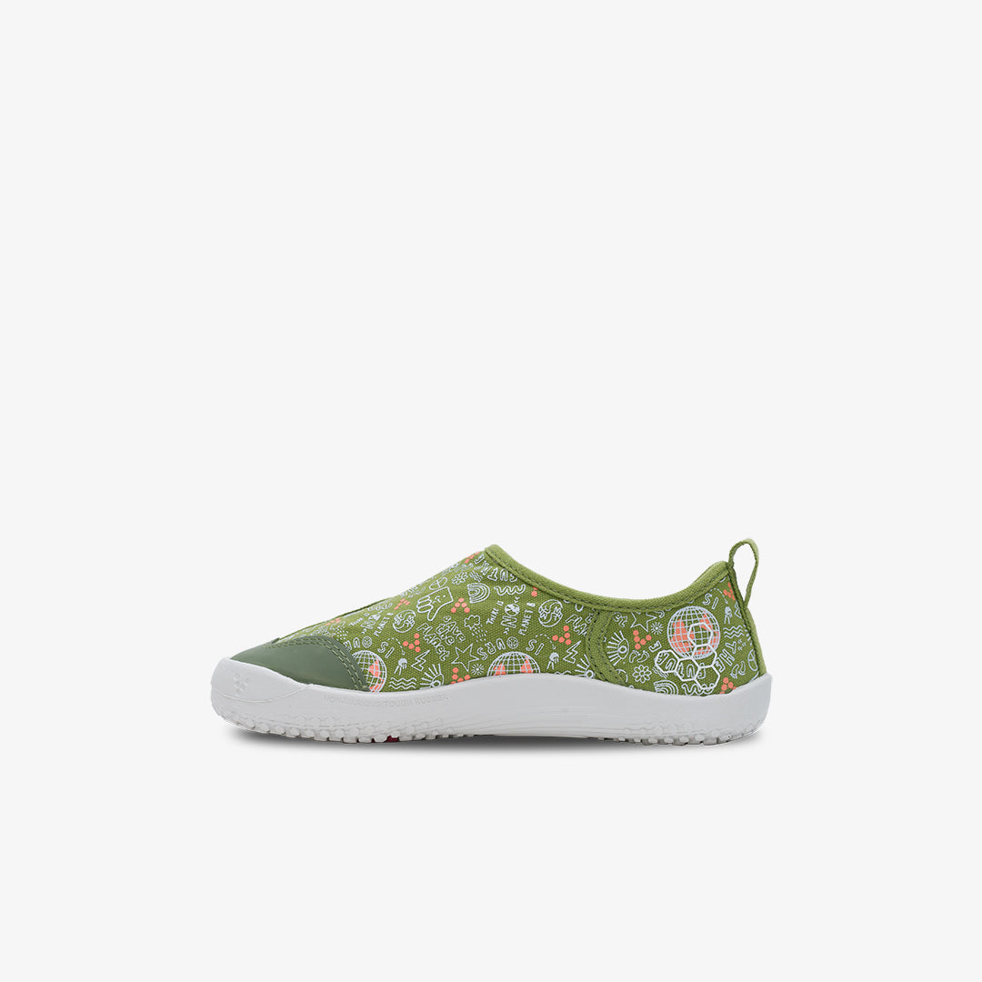 Vivobarefoot Gaia Preschool barfods kanvas børnesko til børn i farven jungle green, inderside