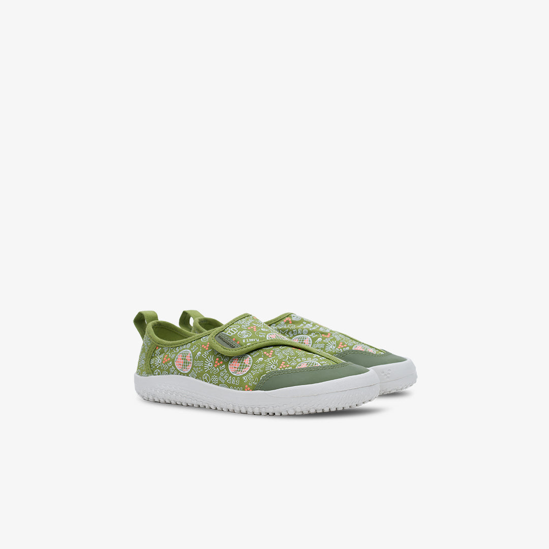 Vivobarefoot Gaia Toddlers barfods lærredsbørnesko til tumlinge i farven jungle green, par