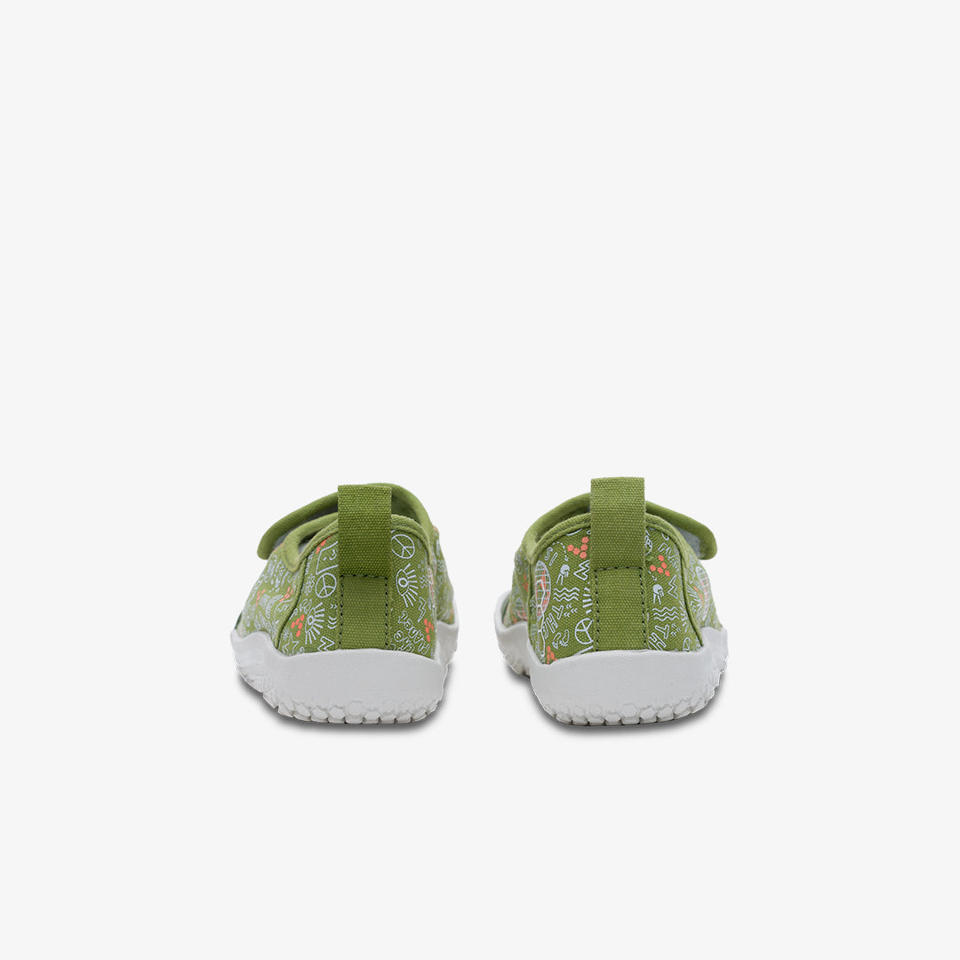 Vivobarefoot Gaia Toddlers barfods lærredsbørnesko til tumlinge i farven jungle green, bagfra