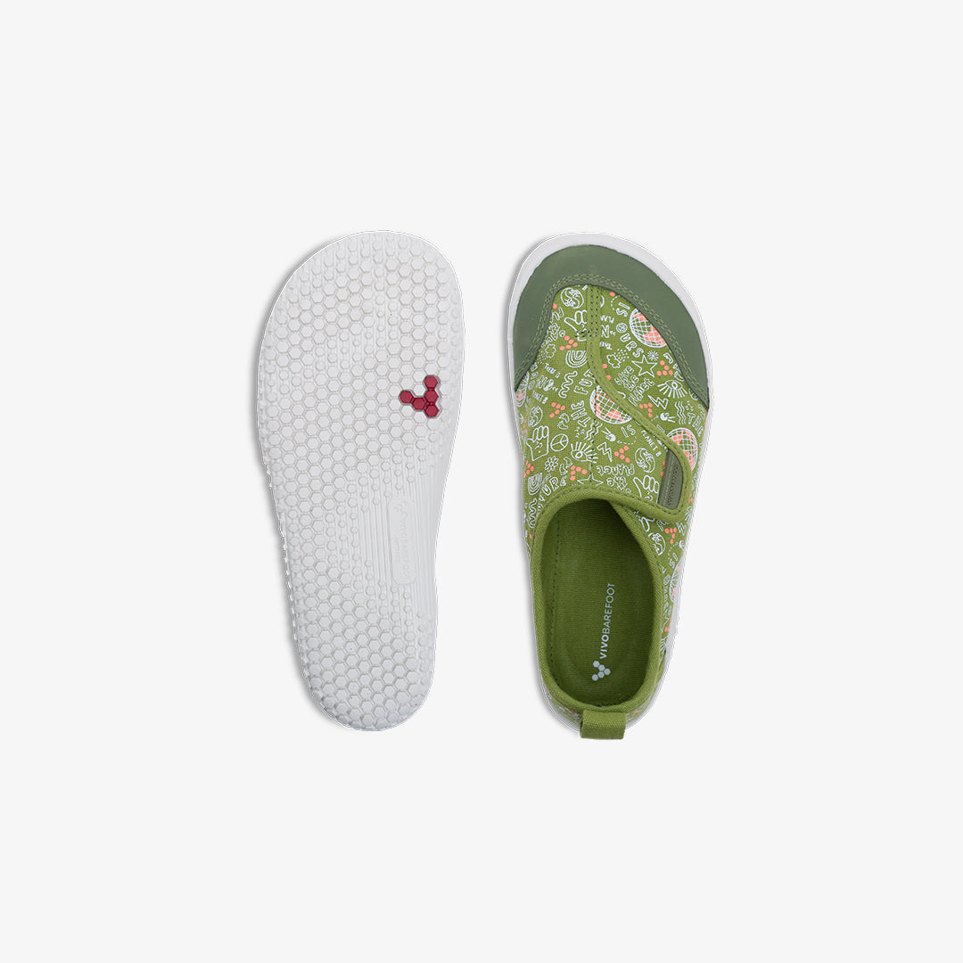 Vivobarefoot Gaia Toddlers barfods lærredsbørnesko til tumlinge i farven jungle green, top