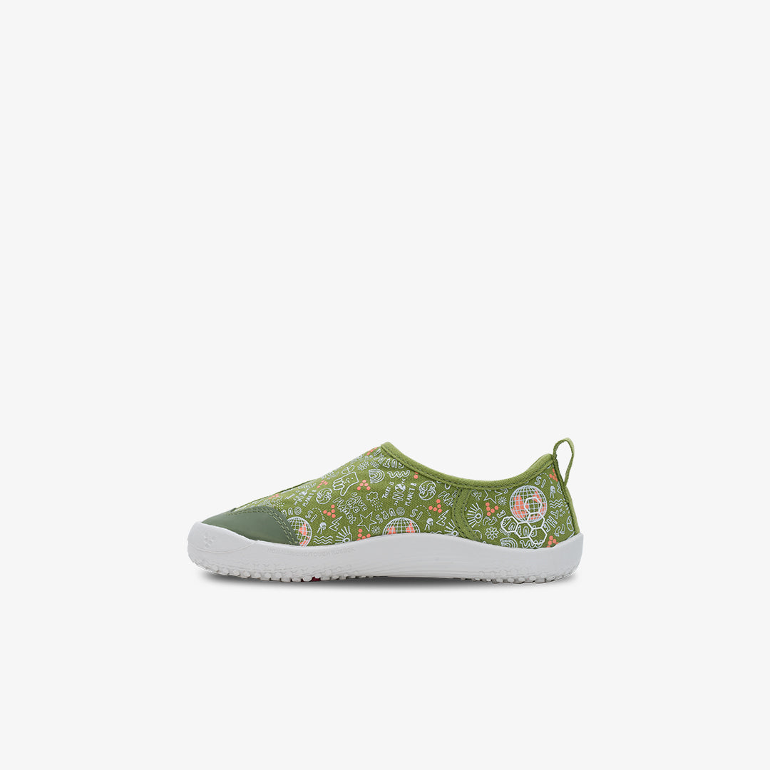 Vivobarefoot Gaia Toddlers barfods lærredsbørnesko til tumlinge i farven jungle green, inderside