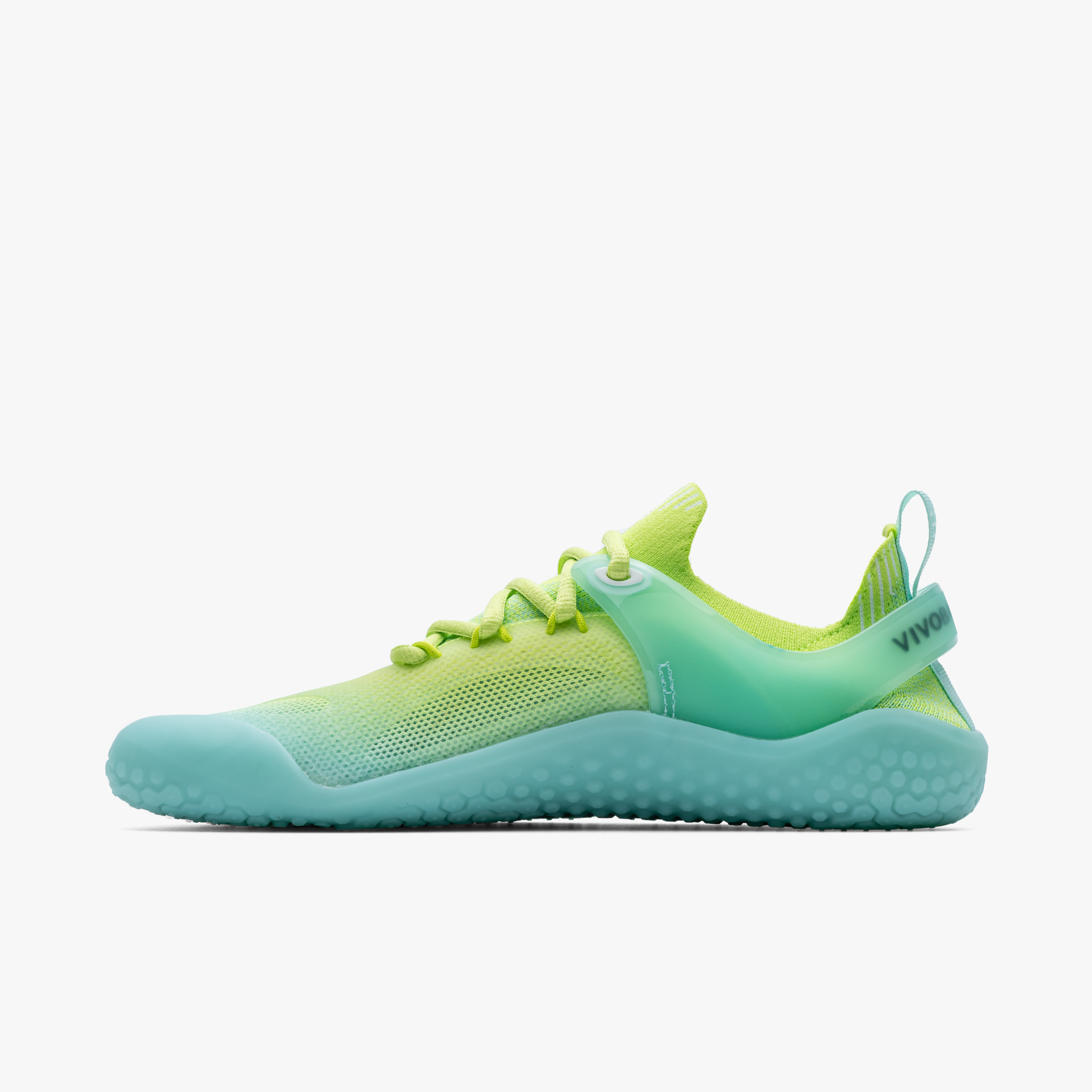 Vivobarefoot Motus Strength Womens i Beach Glass, barfodssko designet til træning med åndbar strik og grebsvenlig sål, neon gul til teal blå overgang.