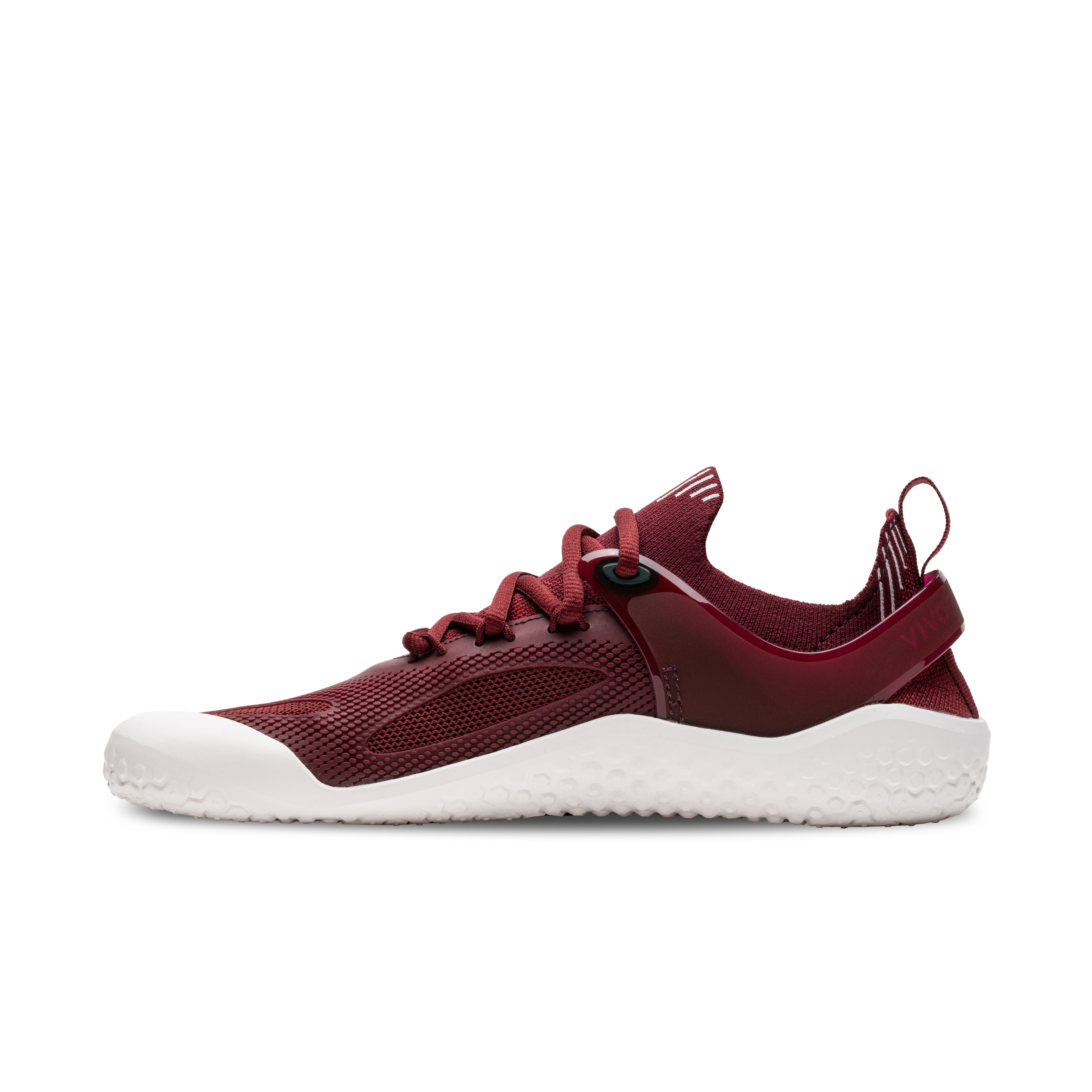 Vivobarefoot Motus Strength Womens i varianten Burgundy, minimalistisk barfodssko designet til høj ydeevne med burgunder strikket overdel og hvid sål. Perfekt til funktionel træning og løb.