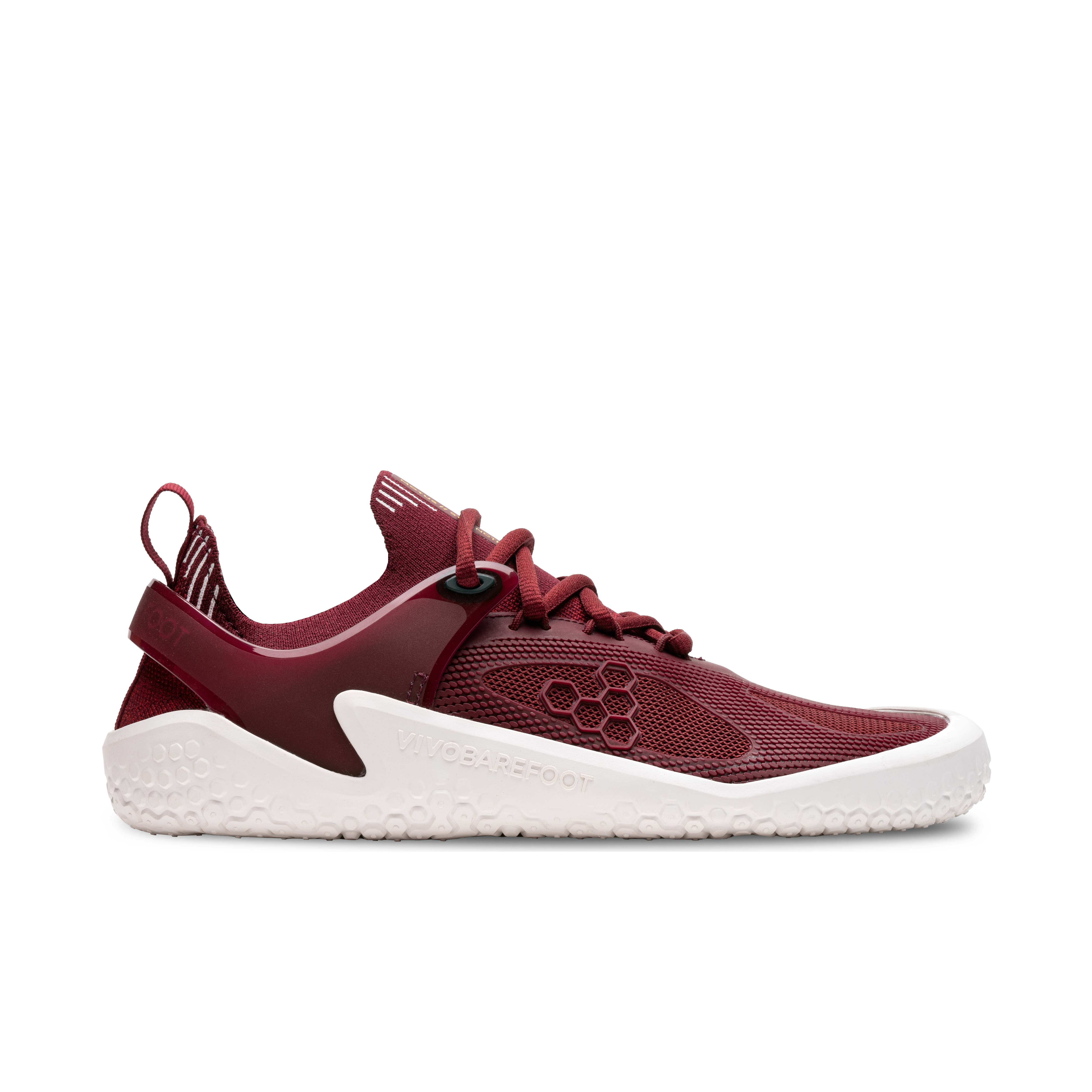 Vivobarefoot Motus Strength Womens barfodssko i Burgundy, med RPET strikoverdel, let hvid ydersål, designet til styrkeløft og CrossFit.