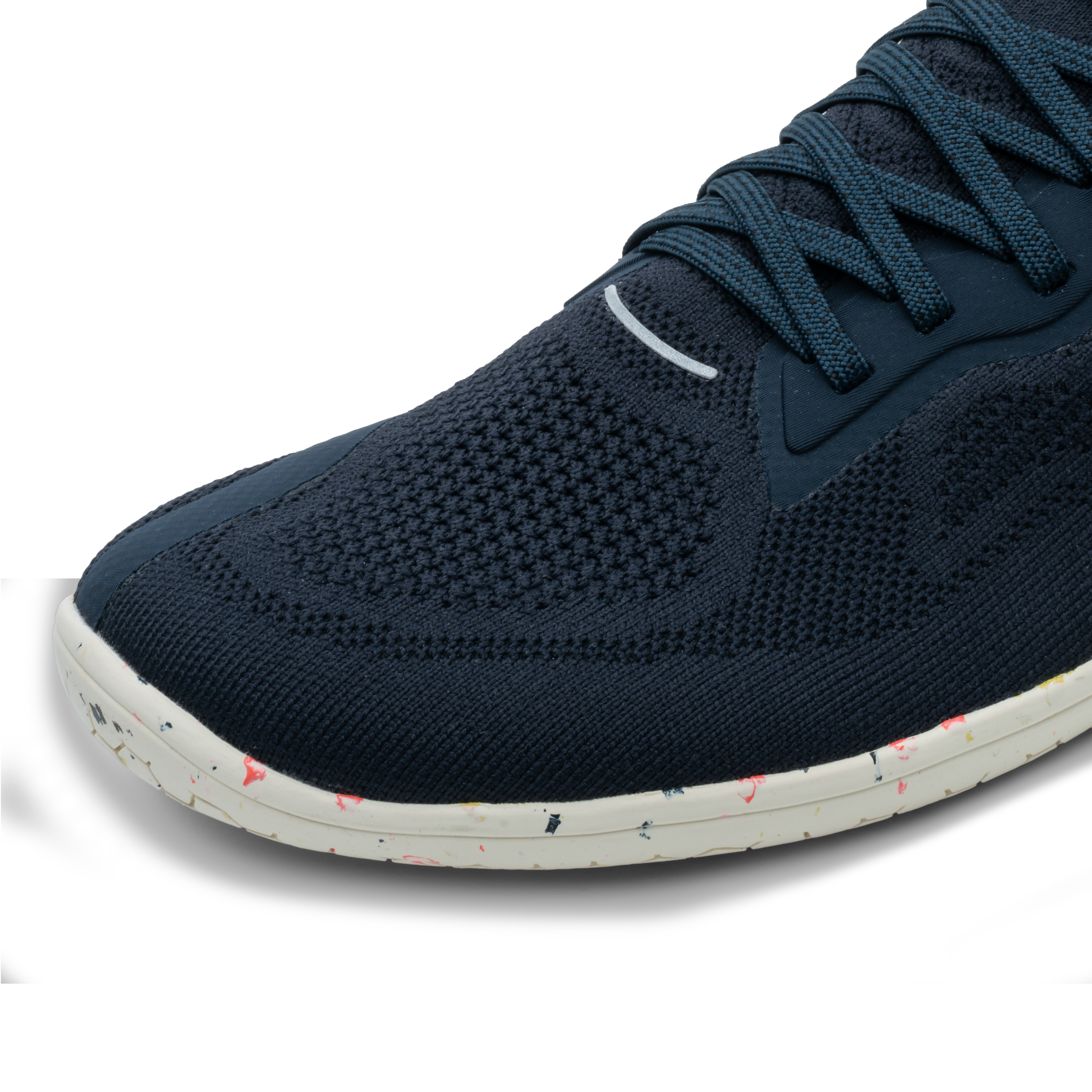 Vivobarefoot Primus Lite Knit Womens i Midnight, barfodssko med tæt strikket overdel og tynd, fleksibel sål med farvespættet mønster.