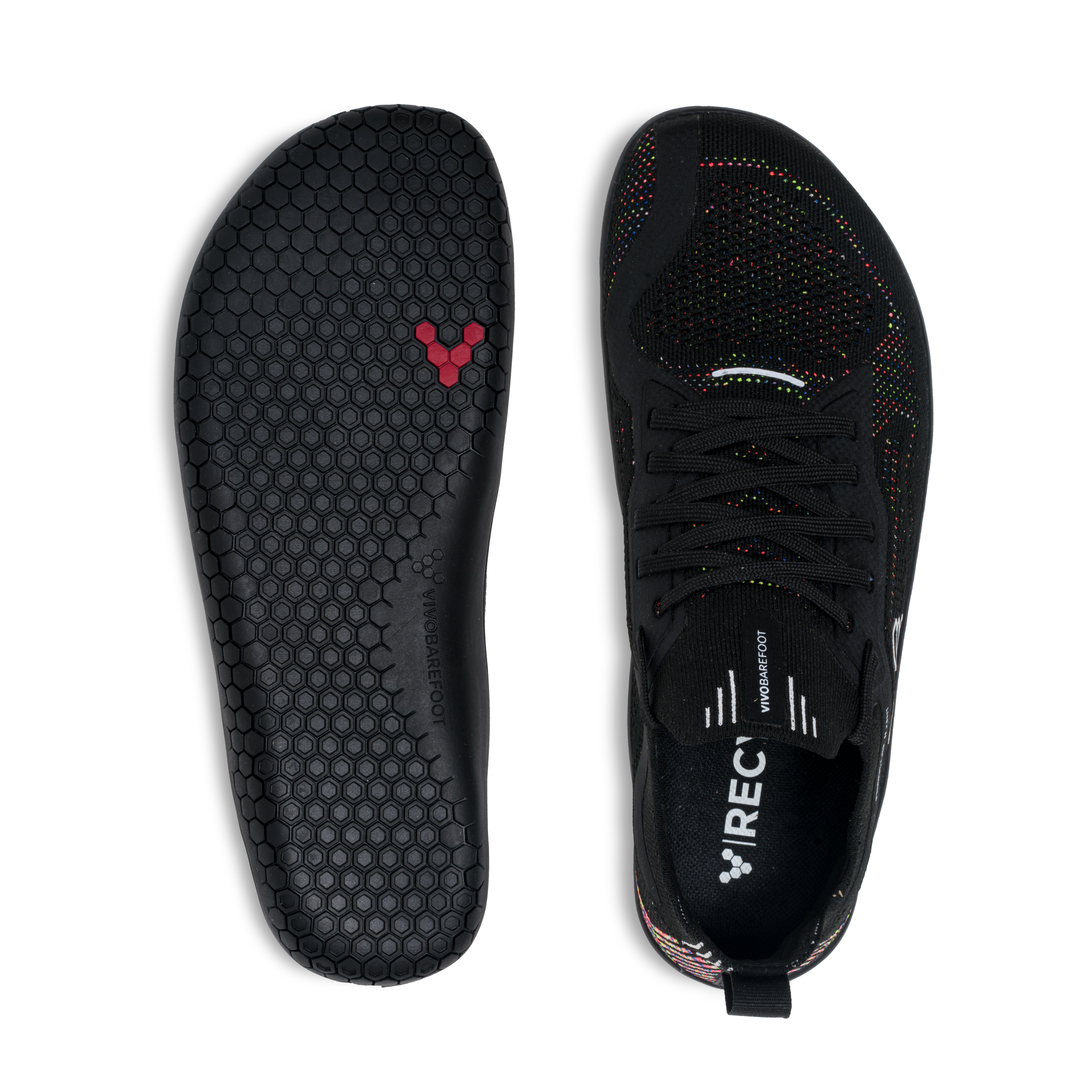 Vivobarefoot Primus Lite Knit Womens i 'Obsidian Iridescent', barfodssko med toppen og sålen synlig, fremhæver miljøvenlige materialer og ultralet design til naturlig fodbevægelse.