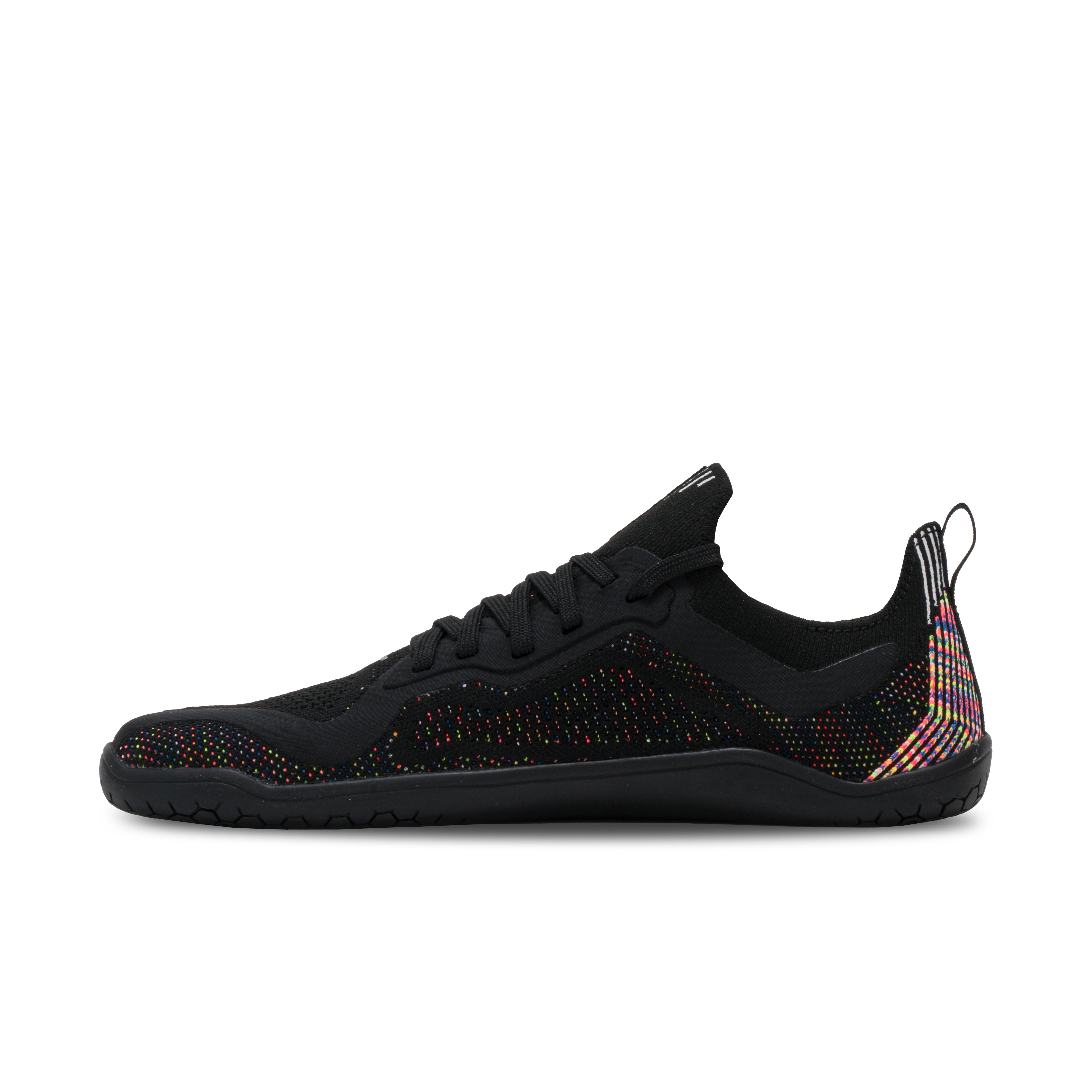 Vivobarefoot Primus Lite Knit Womens i Obsidian Iridescent, barfodssko med glimtende, flerfarvet strik. Perfekt til let løb og hverdagsbrug, med tynd sål for naturlig fodfølelse.