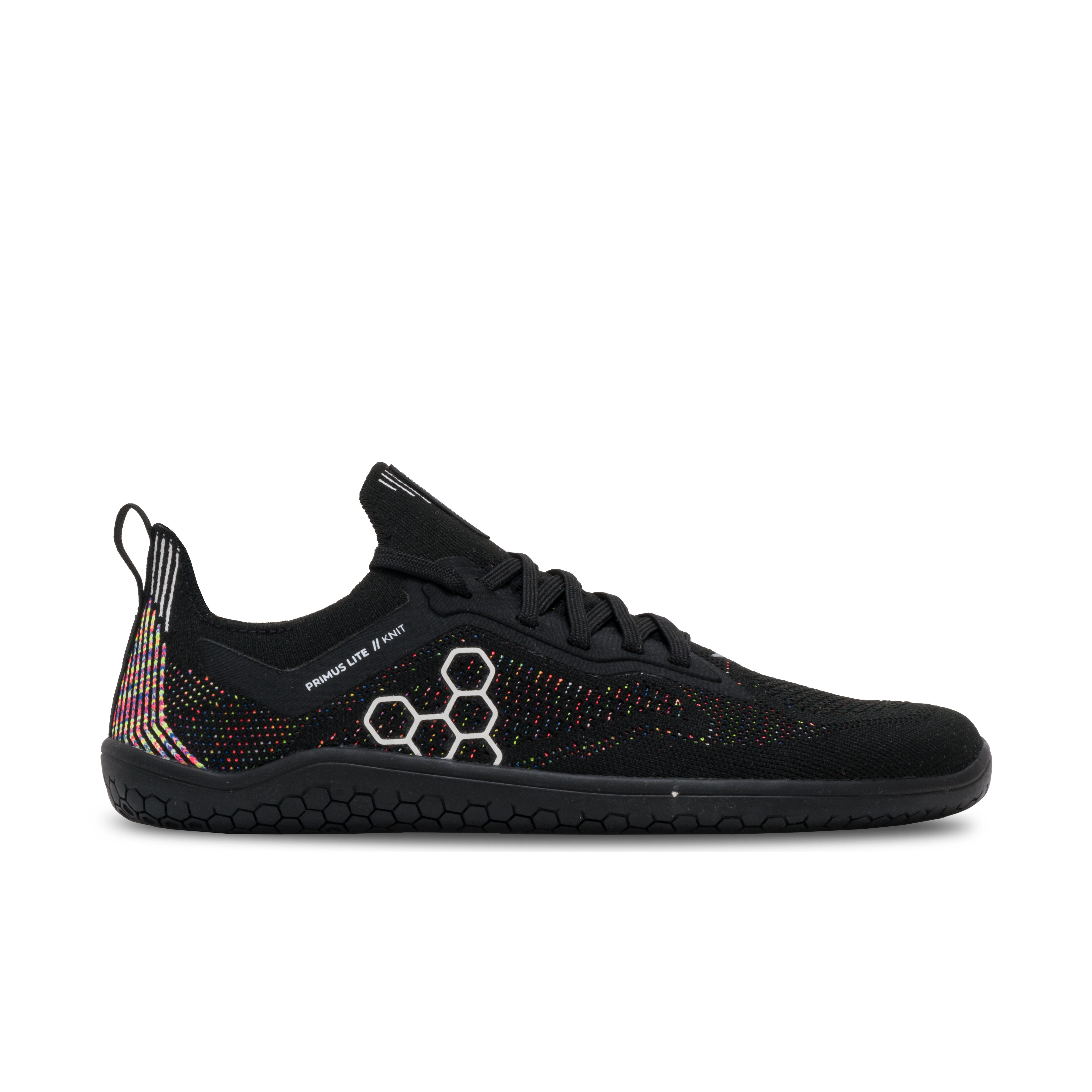 Vivobarefoot Primus Lite Knit til kvinder i varianten 'Obsidian Iridescent', med en letvægts sort strikoverdel prydet med flerfarvede accenter og typisk tynd barfodssål.