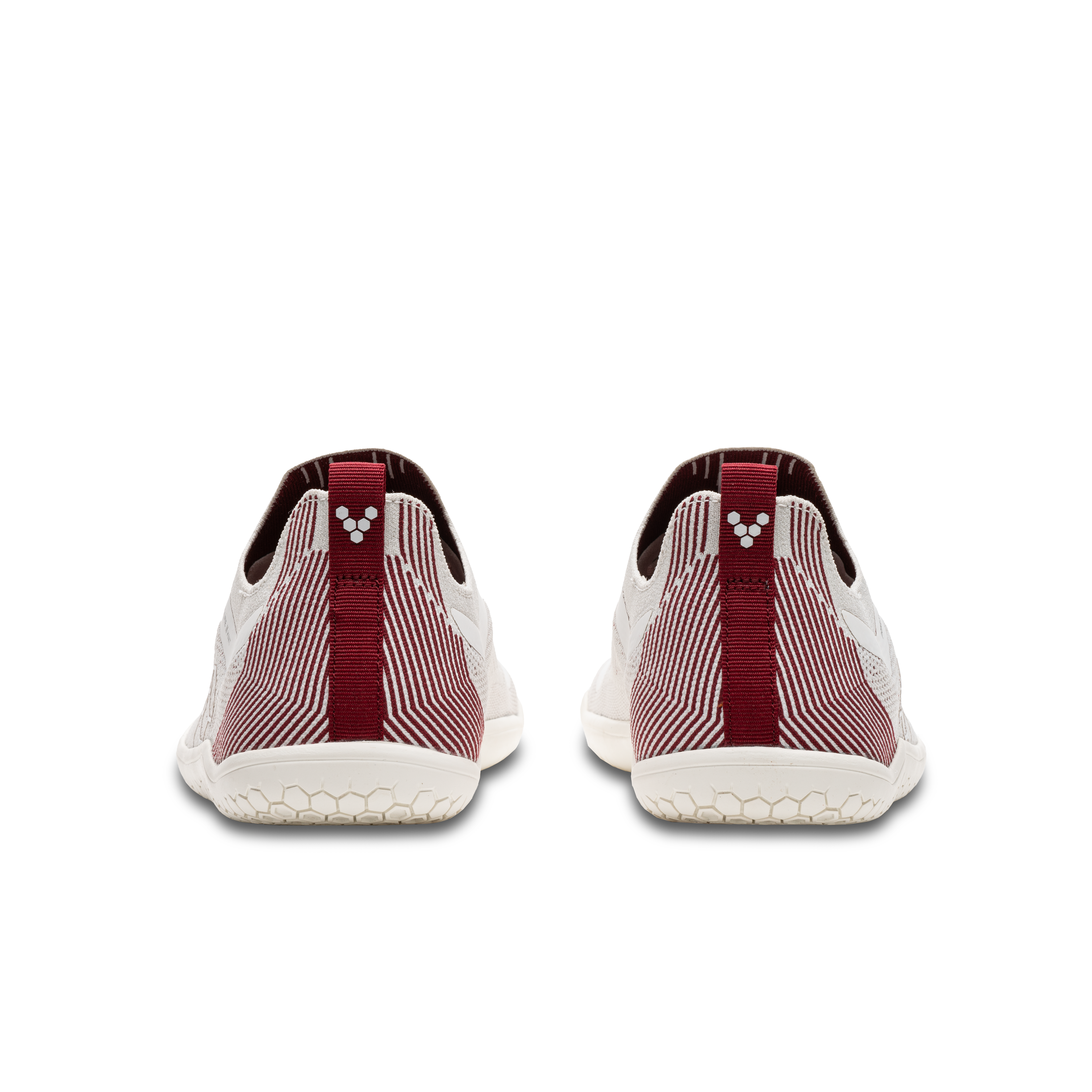 Vivobarefoot Primus Lite Knit Womens i farven Off White / Burgundy, set bagfra, udstyret med miljøvenlige materialer og en tynd sål for naturlig fodbevægelse.