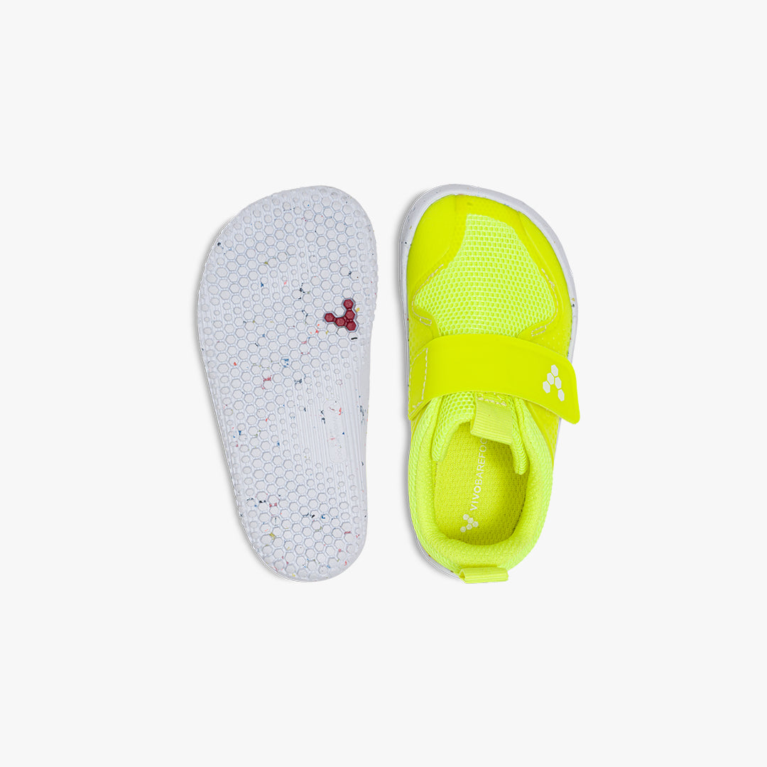 Vivobarefoot Primus Sport III Toddlers barfods træningssko til tumlinge i farven lemon zest, top