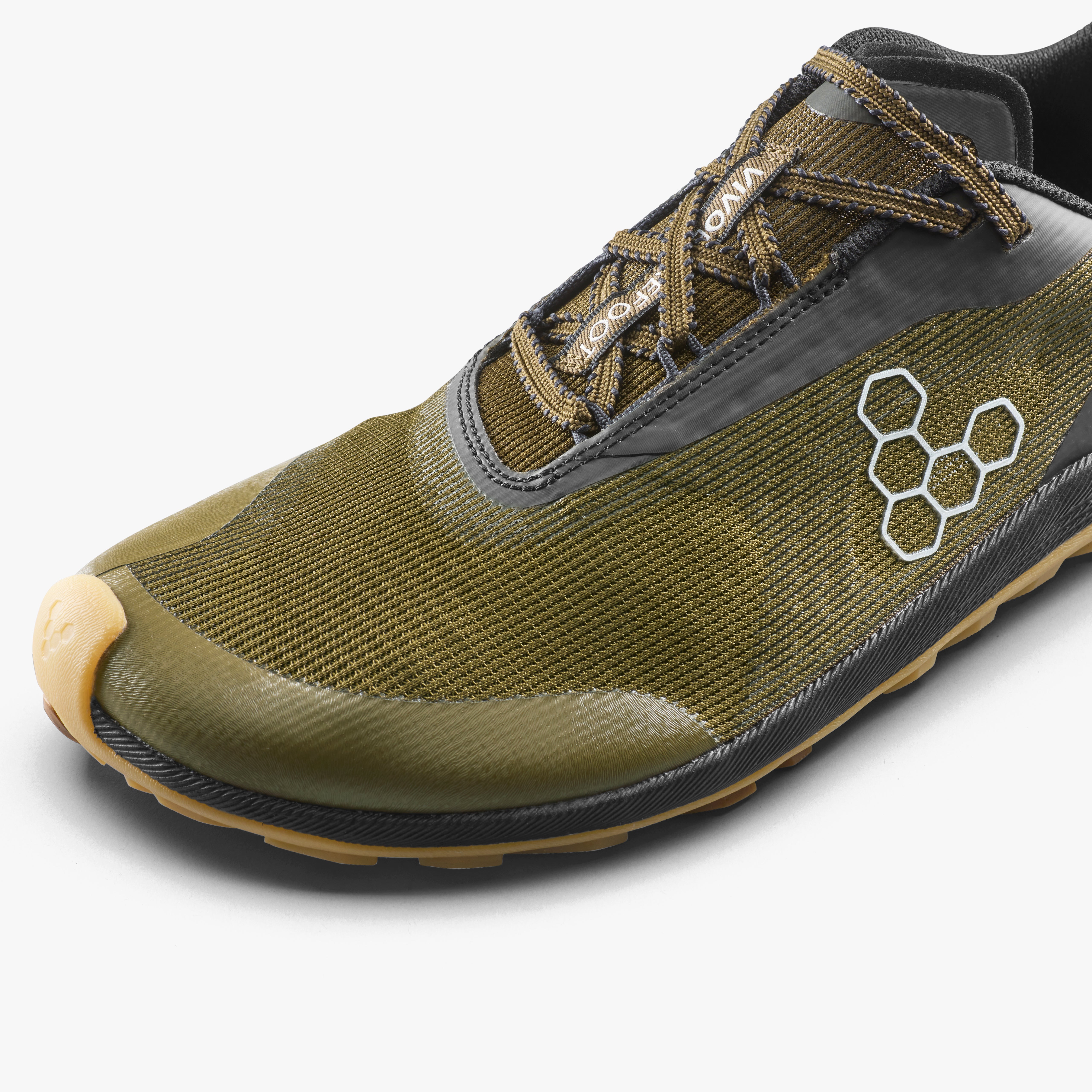 Vivobarefoot Primus Trail Flow Mens barfodssko til mænd i farven dark olive/gum, nærbillede